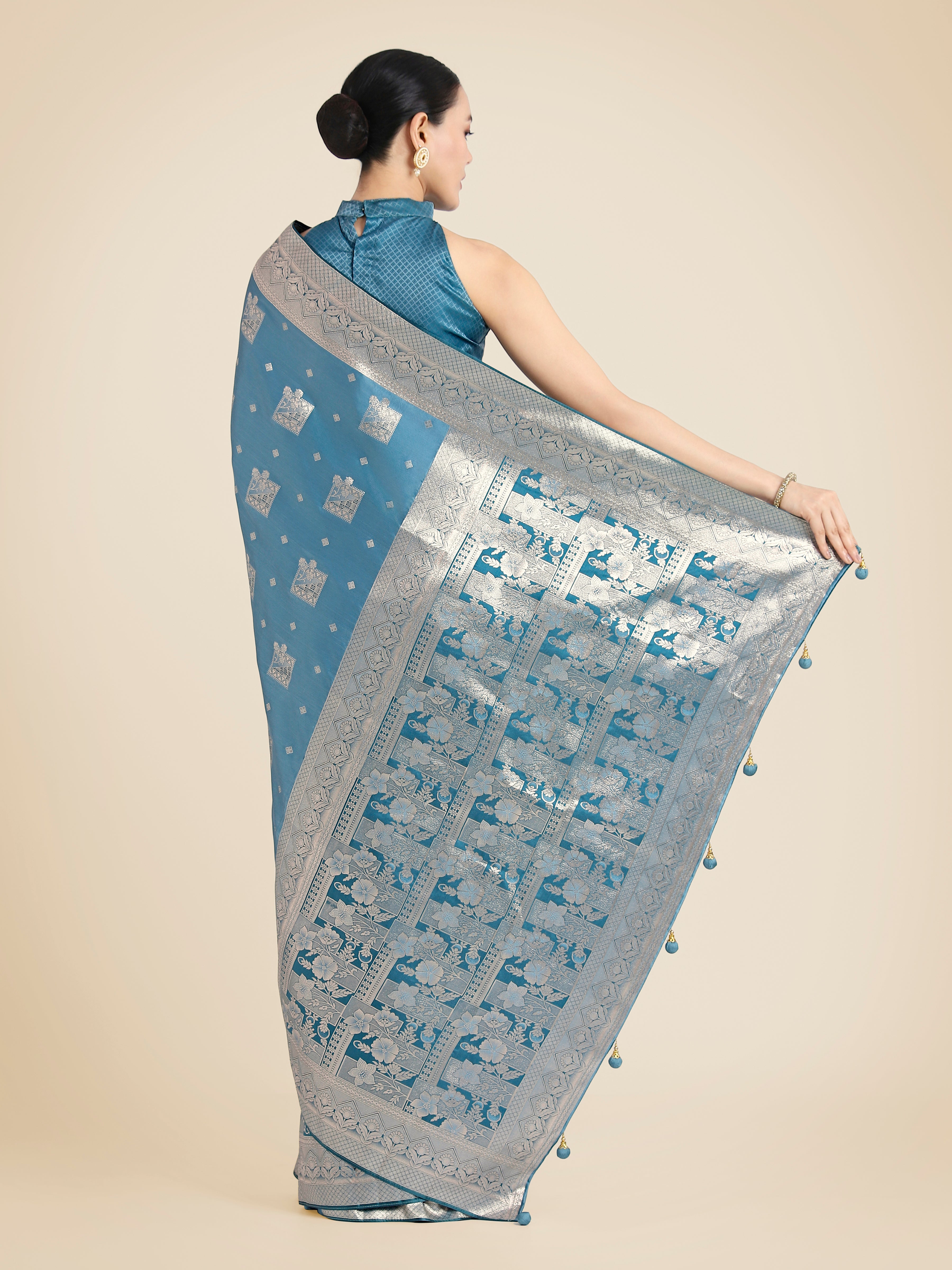 Monjolika Fashion Cyan blue Pink Color Banarasi Satin Silk Zari Weaving Festival Saree