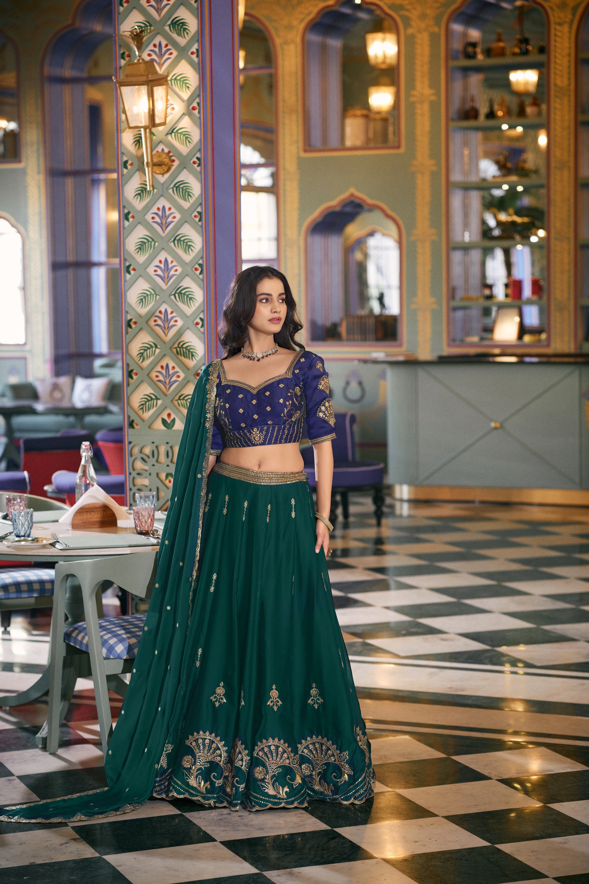 Lorenvalley Fashion Teal Rangoli Silk Sequins and Thread Embroidery Work Lehenga Choli with Dupatta - Dista
