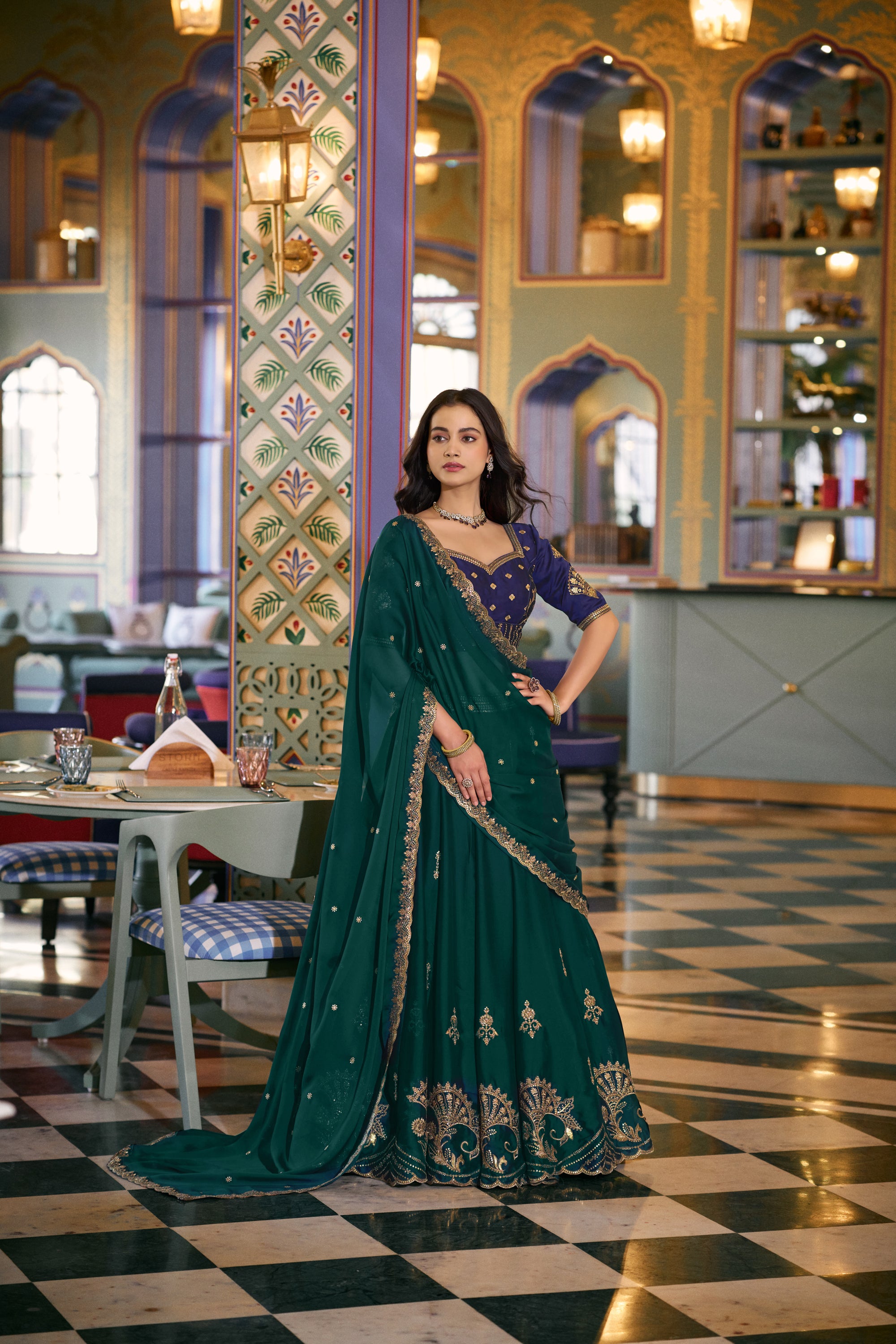 Lorenvalley Fashion Teal Rangoli Silk Sequins and Thread Embroidery Work Lehenga Choli with Dupatta - Dista