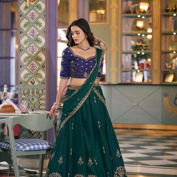Lorenvalley Fashion Teal Rangoli Silk Sequins and Thread Embroidery Work Lehenga Choli with Dupatta - Dista