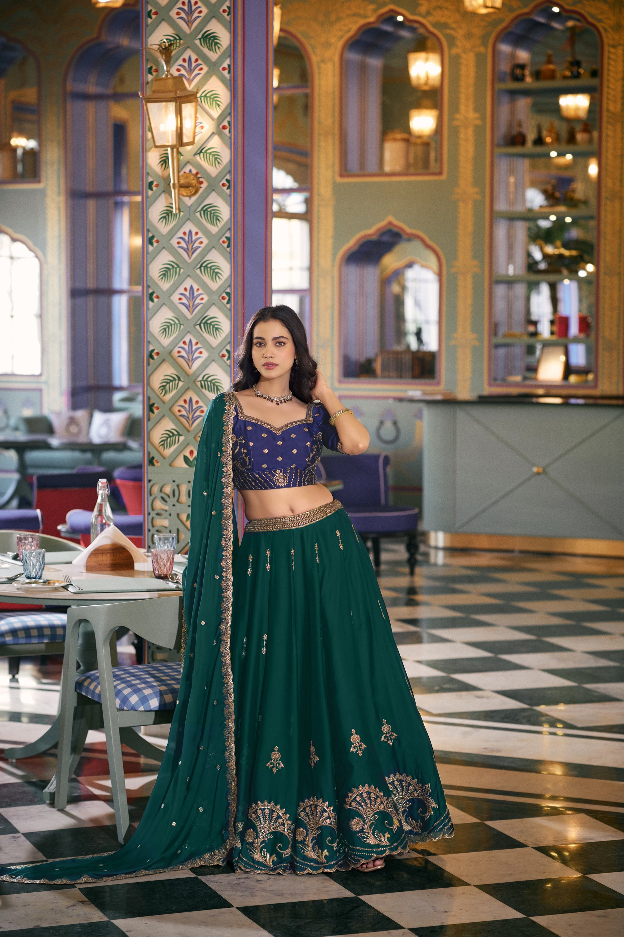 Lorenvalley Fashion Teal Rangoli Silk Sequins and Thread Embroidery Work Lehenga Choli with Dupatta - Dista