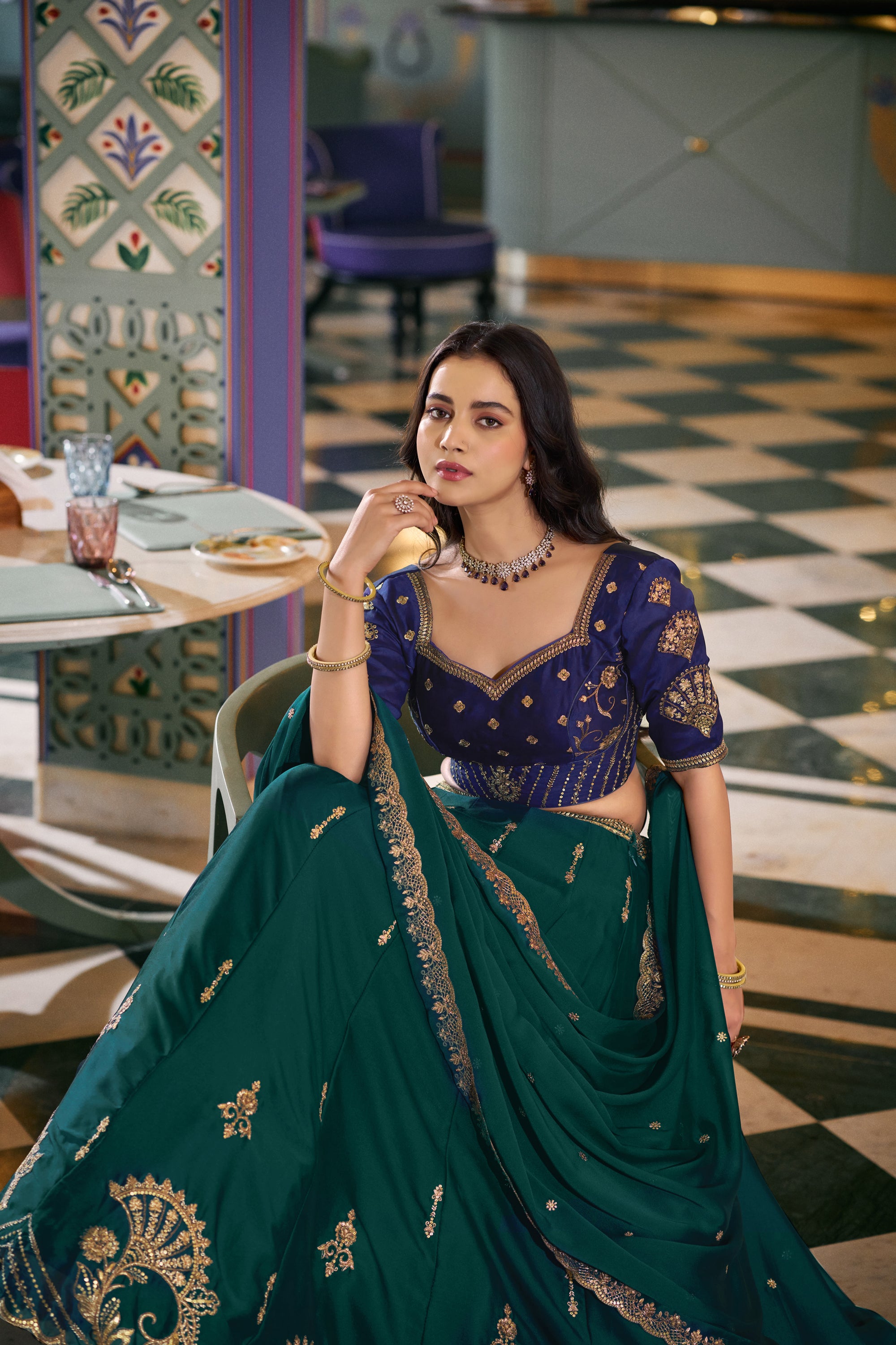 Lorenvalley Fashion Teal Rangoli Silk Sequins and Thread Embroidery Work Lehenga Choli with Dupatta - Dista