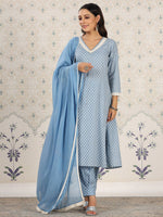 Thumbnail for Ode by House of Pataudi Floral Printed Pure Cotton A-Line Kurta & Trousers With Dupatta - Distacart