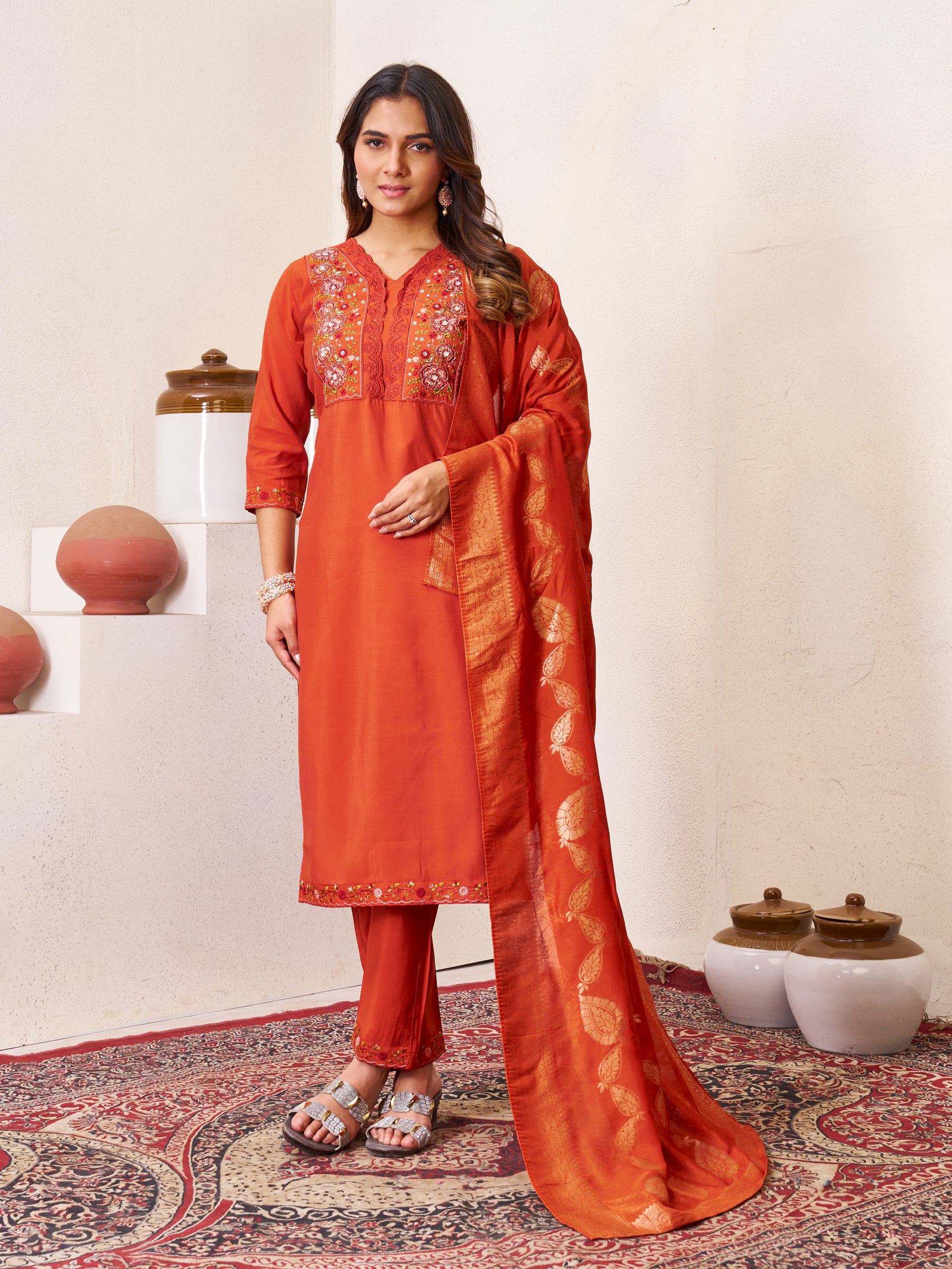 Lorenvalley Fashion Rust Roman Silk Multi Embroidery Sequins With Hand Work Kurta Pant Dupatta - Distacart