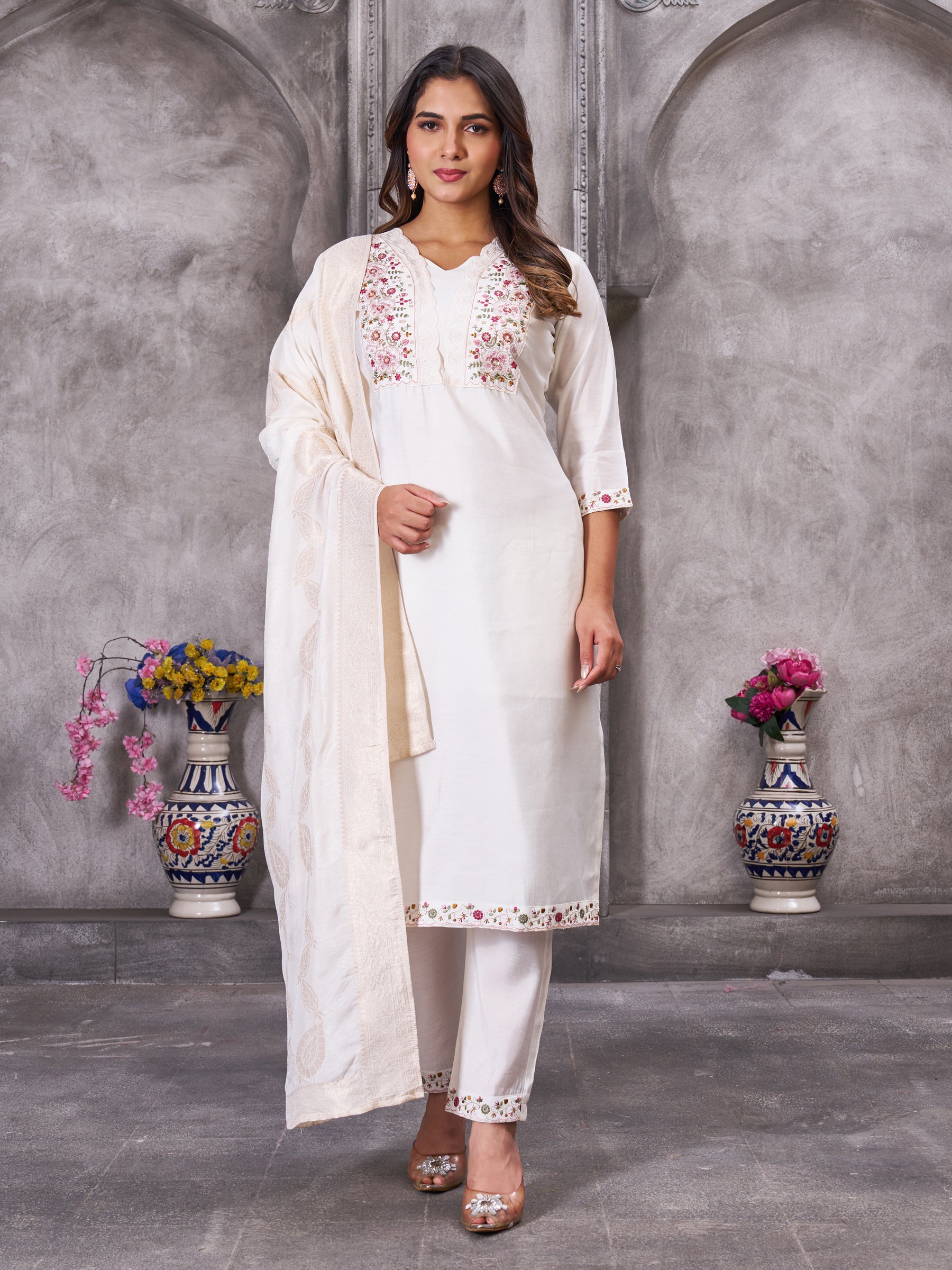 Lorenvalley Fashion White Roman Silk Multi Embroidery Sequins With Hand Work Kurta Pant Dupatta - Distacart