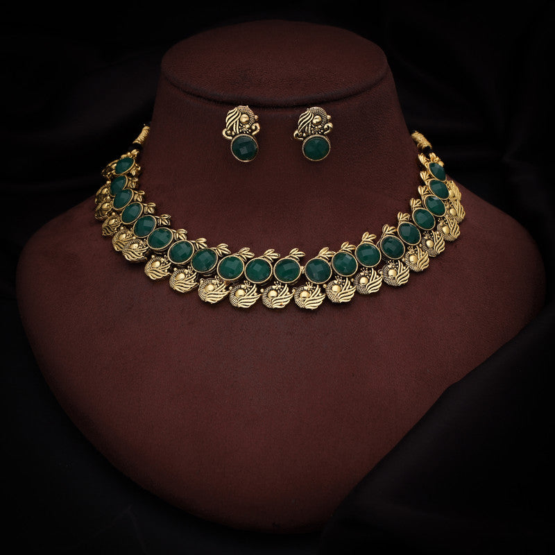 Tehzeeb Creations Green Colour Gold-Polished Stone Jewellery Choker Necklace Set With Matching Pair of Stud Earrings - Distacart