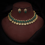 Thumbnail for Tehzeeb Creations Green Colour Gold-Polished Stone Jewellery Choker Necklace Set With Matching Pair of Stud Earrings - Distacart