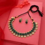 Thumbnail for Tehzeeb Creations Green Colour Gold-Polished Stone Jewellery Choker Necklace Set With Matching Pair of Stud Earrings - Distacart