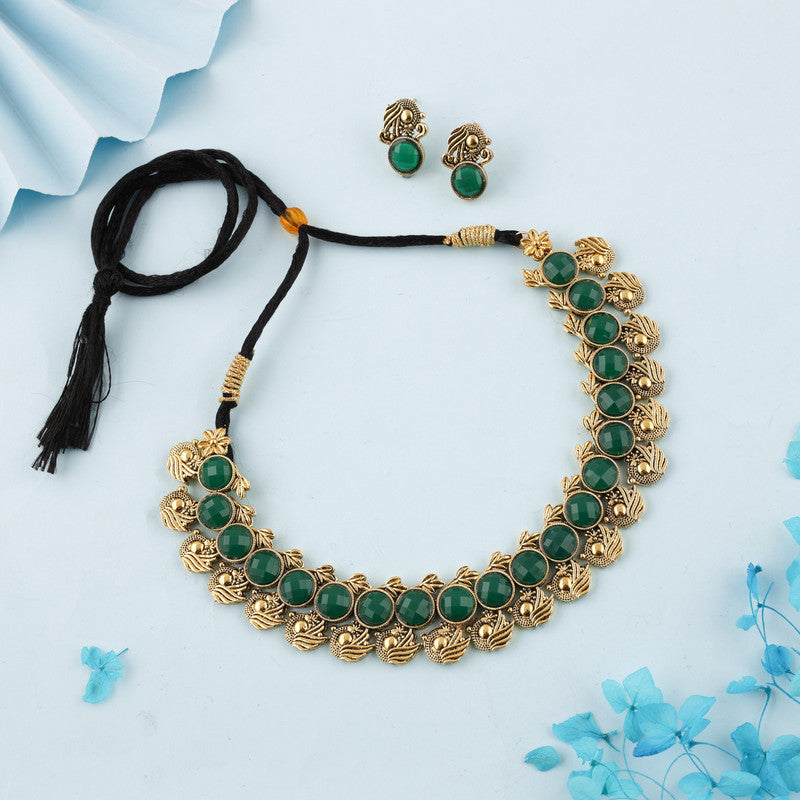 Tehzeeb Creations Green Colour Gold-Polished Stone Jewellery Choker Necklace Set With Matching Pair of Stud Earrings - Distacart