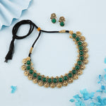 Thumbnail for Tehzeeb Creations Green Colour Gold-Polished Stone Jewellery Choker Necklace Set With Matching Pair of Stud Earrings - Distacart