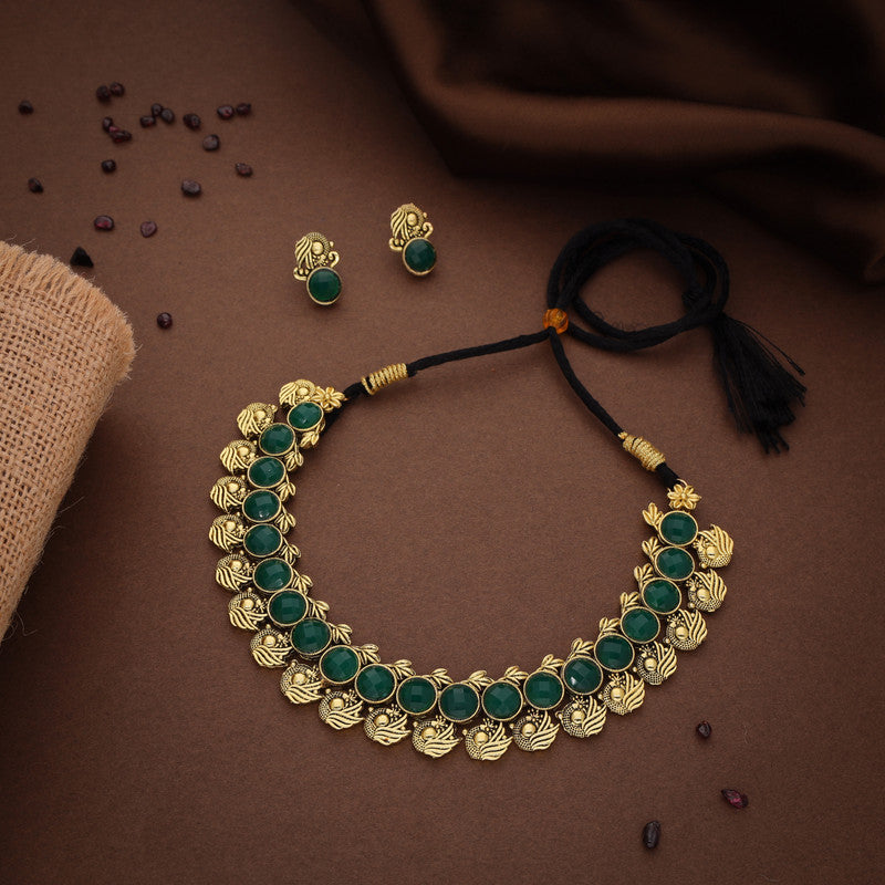Tehzeeb Creations Green Colour Gold-Polished Stone Jewellery Choker Necklace Set With Matching Pair of Stud Earrings - Distacart