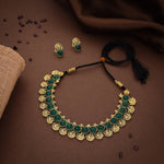 Thumbnail for Tehzeeb Creations Green Colour Gold-Polished Stone Jewellery Choker Necklace Set With Matching Pair of Stud Earrings - Distacart