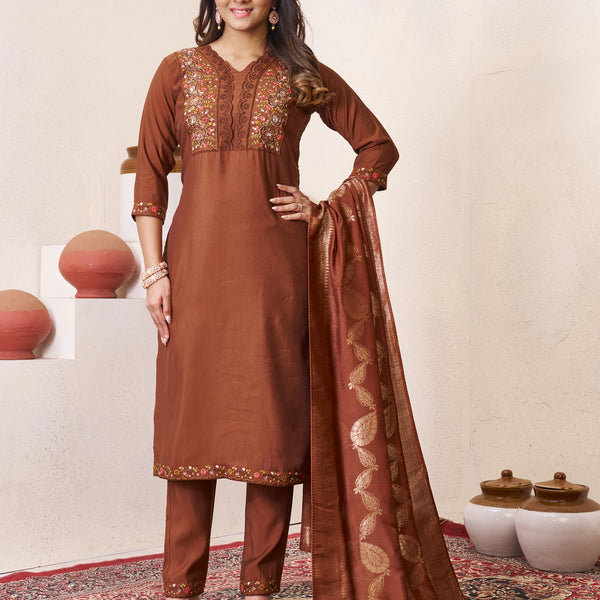 Lorenvalley Fashion Coffee Roman Silk Multi Embroidery Sequins With Hand Work Kurta Pant Dupatta - Distacart