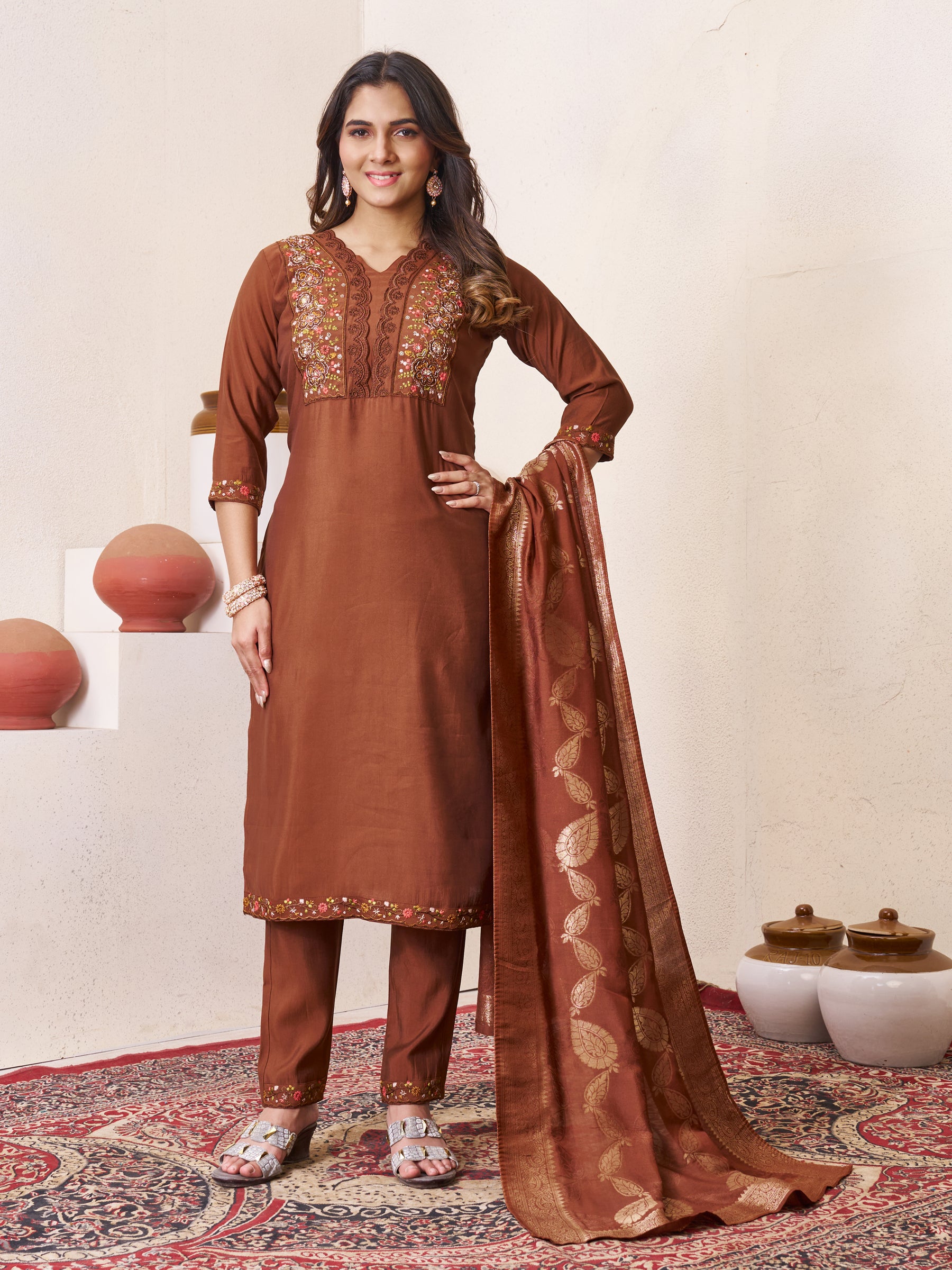 Lorenvalley Fashion Coffee Roman Silk Multi Embroidery Sequins With Hand Work Kurta Pant Dupatta - Distacart