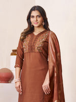 Thumbnail for Lorenvalley Fashion Coffee Roman Silk Multi Embroidery Sequins With Hand Work Kurta Pant Dupatta - Distacart