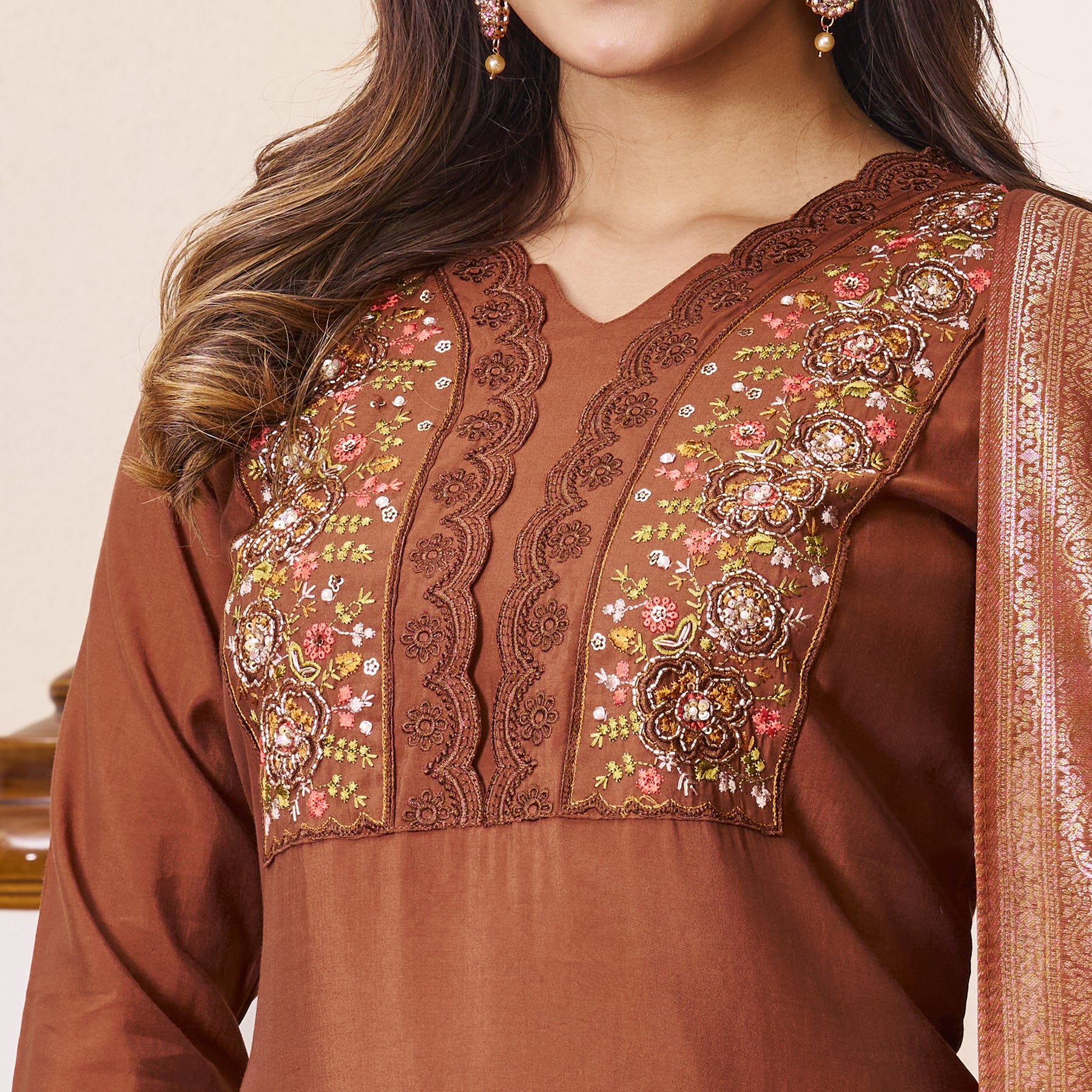 Lorenvalley Fashion Coffee Roman Silk Multi Embroidery Sequins With Hand Work Kurta Pant Dupatta - Distacart