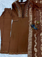 Thumbnail for Lorenvalley Fashion Coffee Roman Silk Multi Embroidery Sequins With Hand Work Kurta Pant Dupatta - Distacart