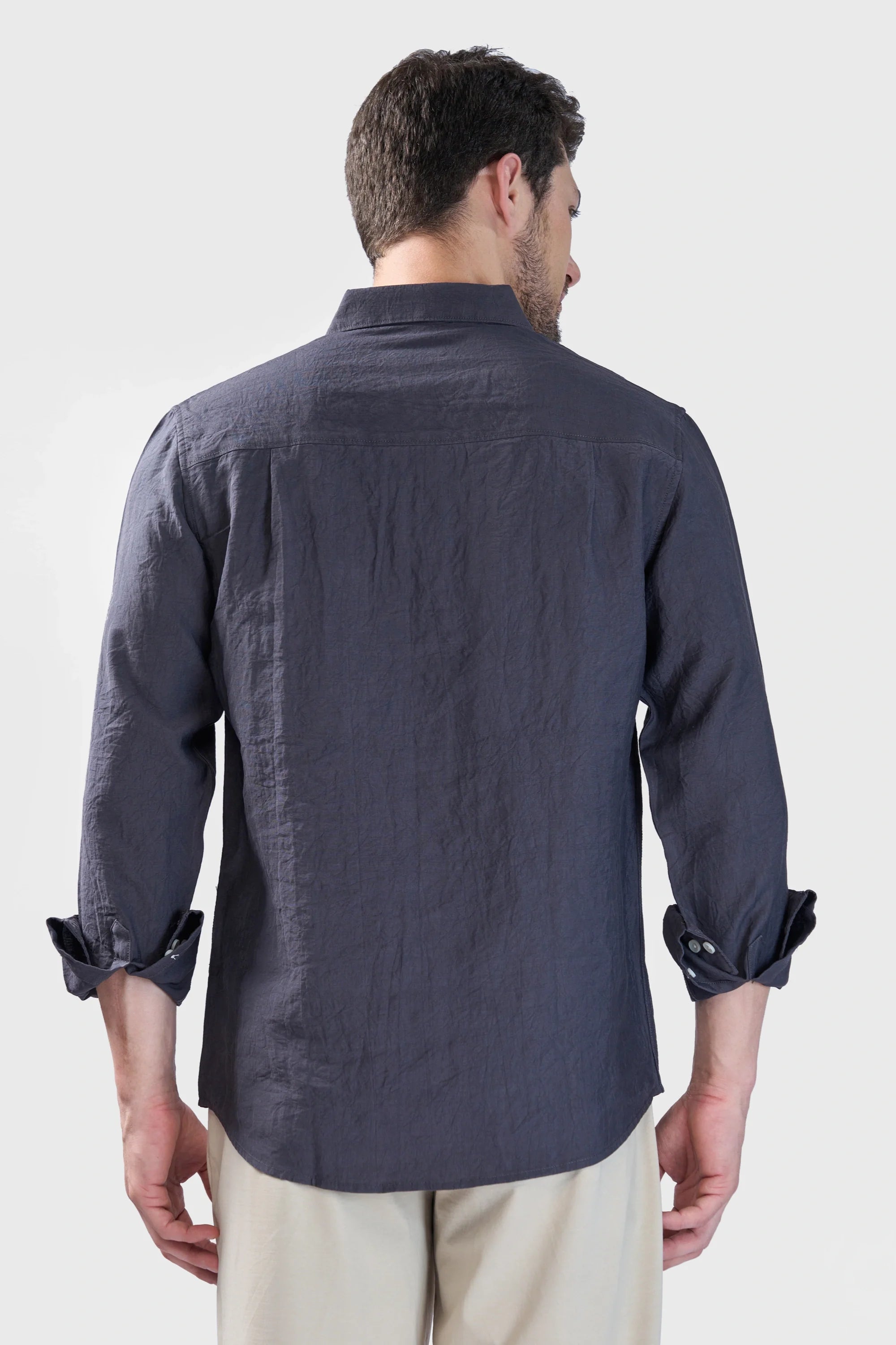 Xkind Dark Grey Crush Wrinkled Regular Fit Shirt