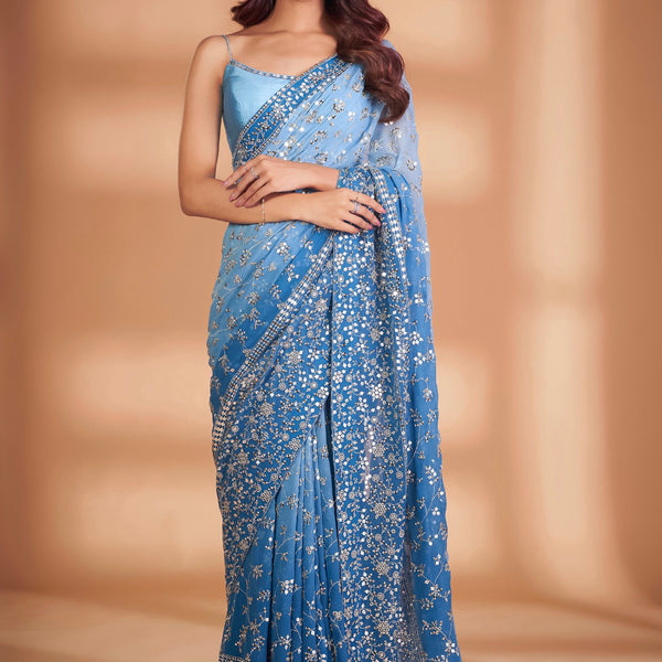 Teeya Creation Blue Color Georgette Embroidery Work Saree - Distacart