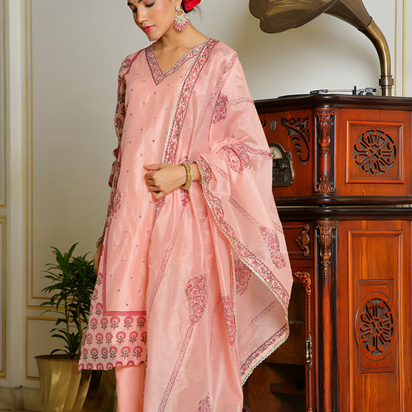 Vaasva Women Orange Chanderi Block Printed Embroidered Kurta Set With Solid Pants & Dupatta - Distacart