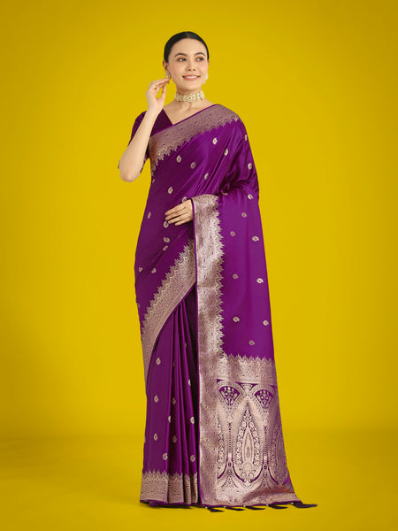 Monjolika Fashion Divine Purple Soft Banarasi Satin Silk Saree With Blouse Piece