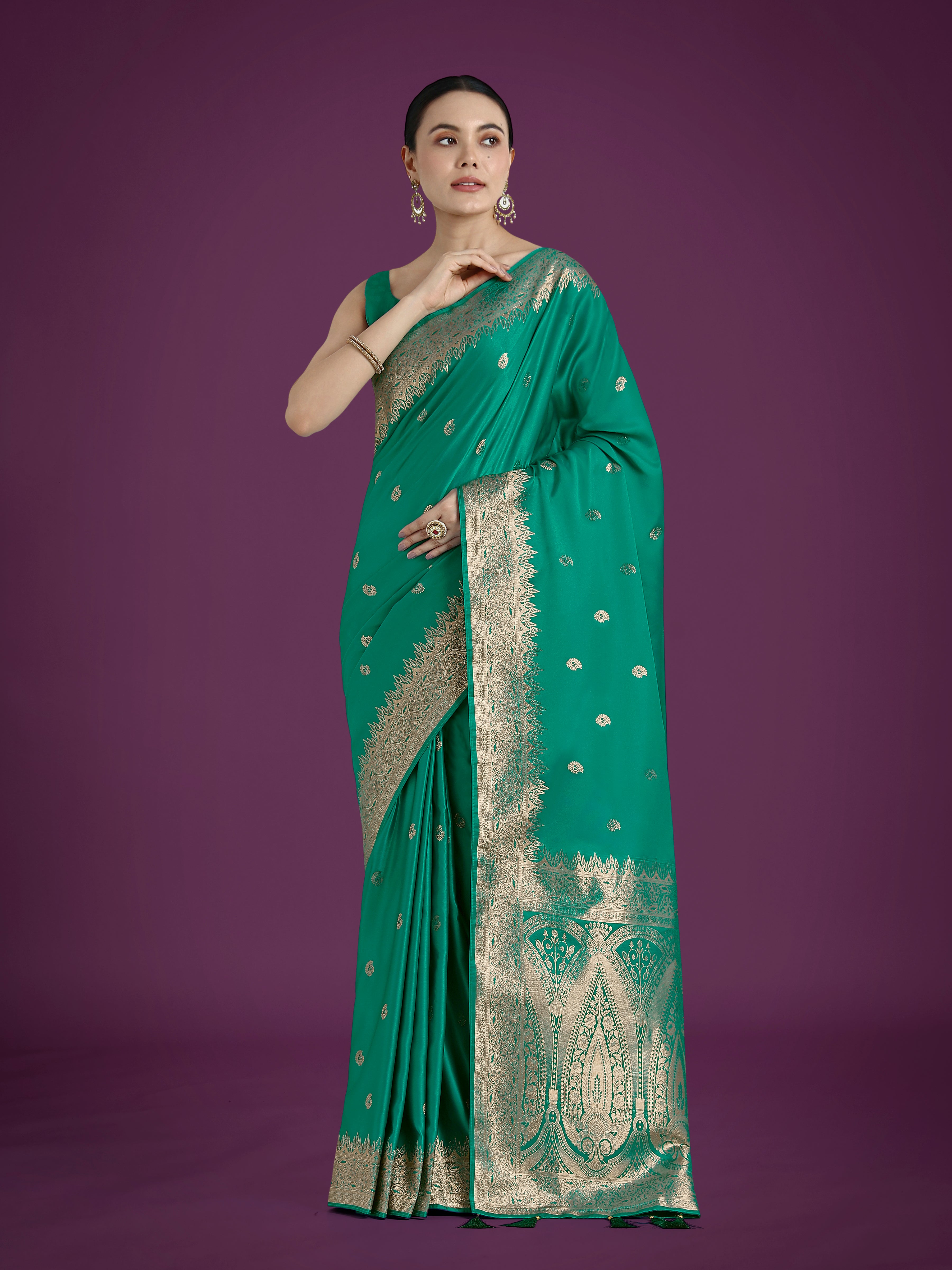 Monjolika Fashion Divine Turquoise Soft Banarasi Satin Silk Saree With Blouse Piece