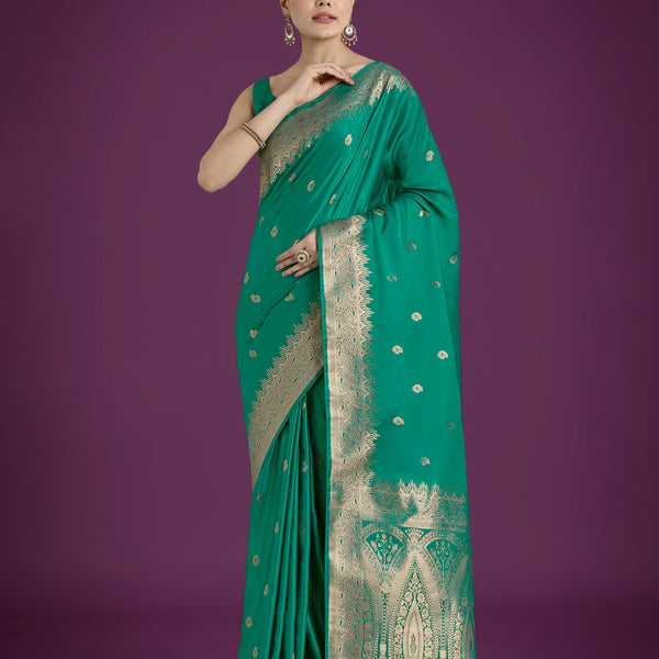 Monjolika Fashion Divine Turquoise Soft Banarasi Satin Silk Saree With Blouse Piece - Distacart