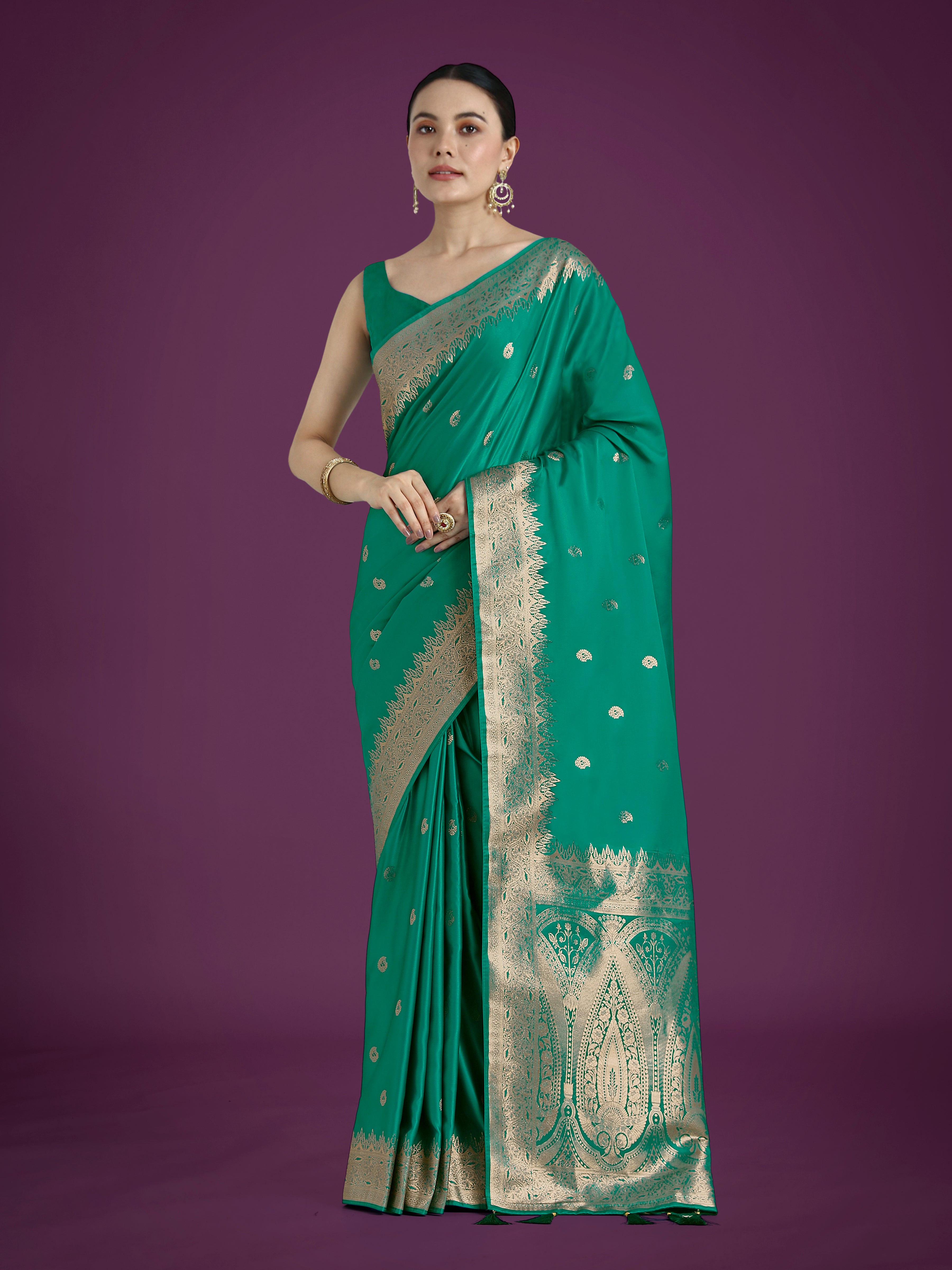 Monjolika Fashion Divine Turquoise Soft Banarasi Satin Silk Saree With Blouse Piece