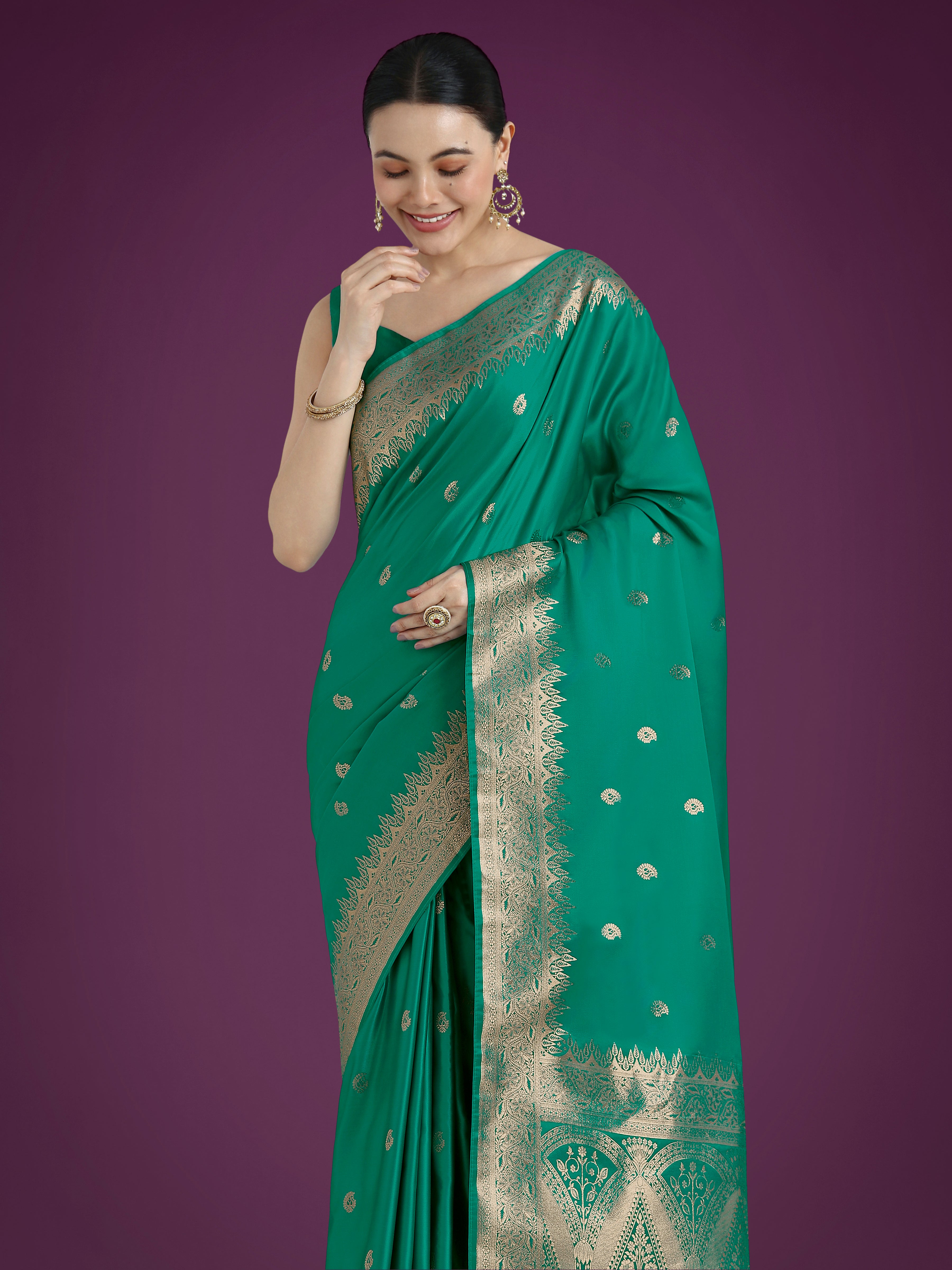 Monjolika Fashion Divine Turquoise Soft Banarasi Satin Silk Saree With Blouse Piece