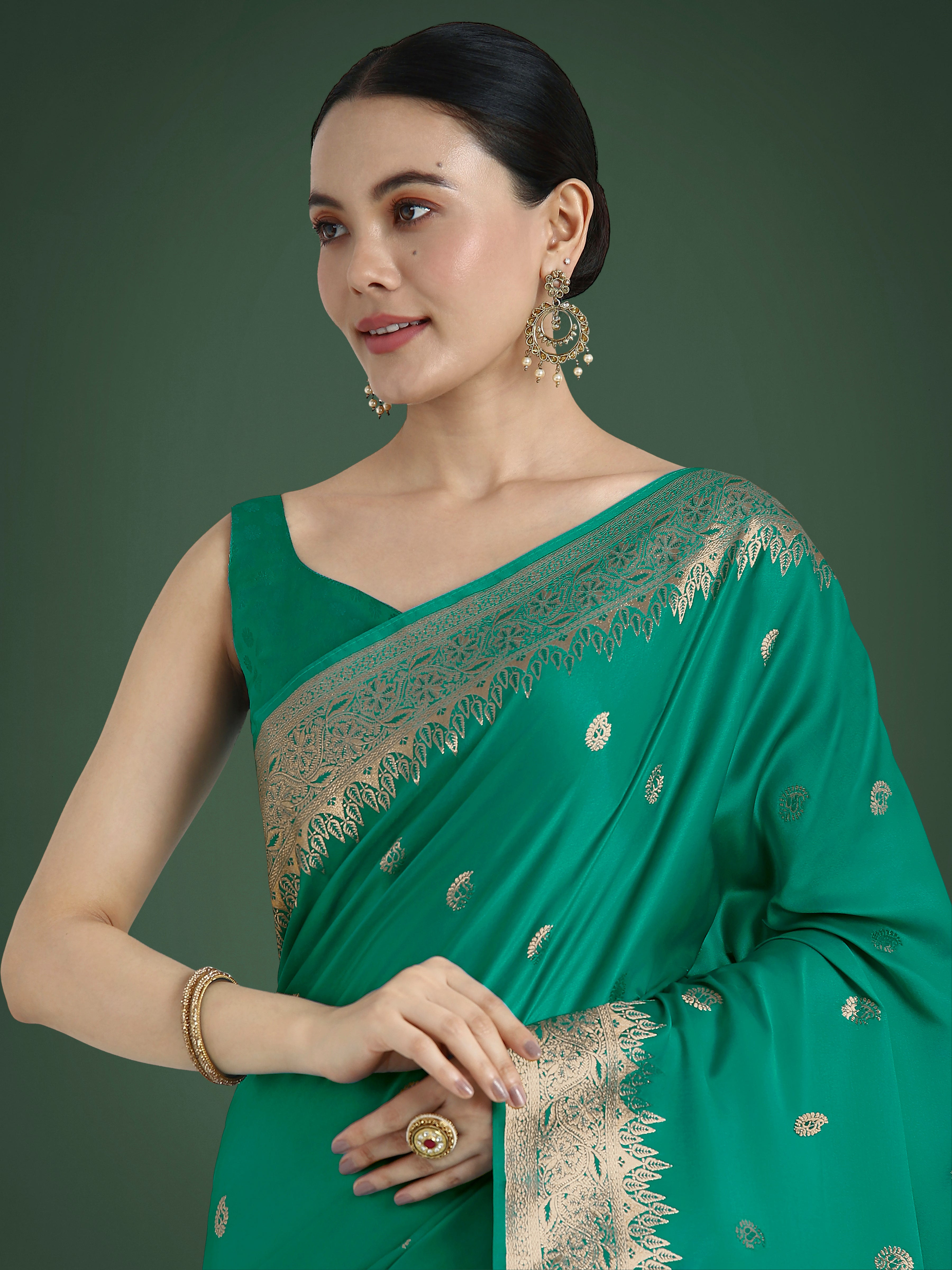 Monjolika Fashion Divine Turquoise Soft Banarasi Satin Silk Saree With Blouse Piece
