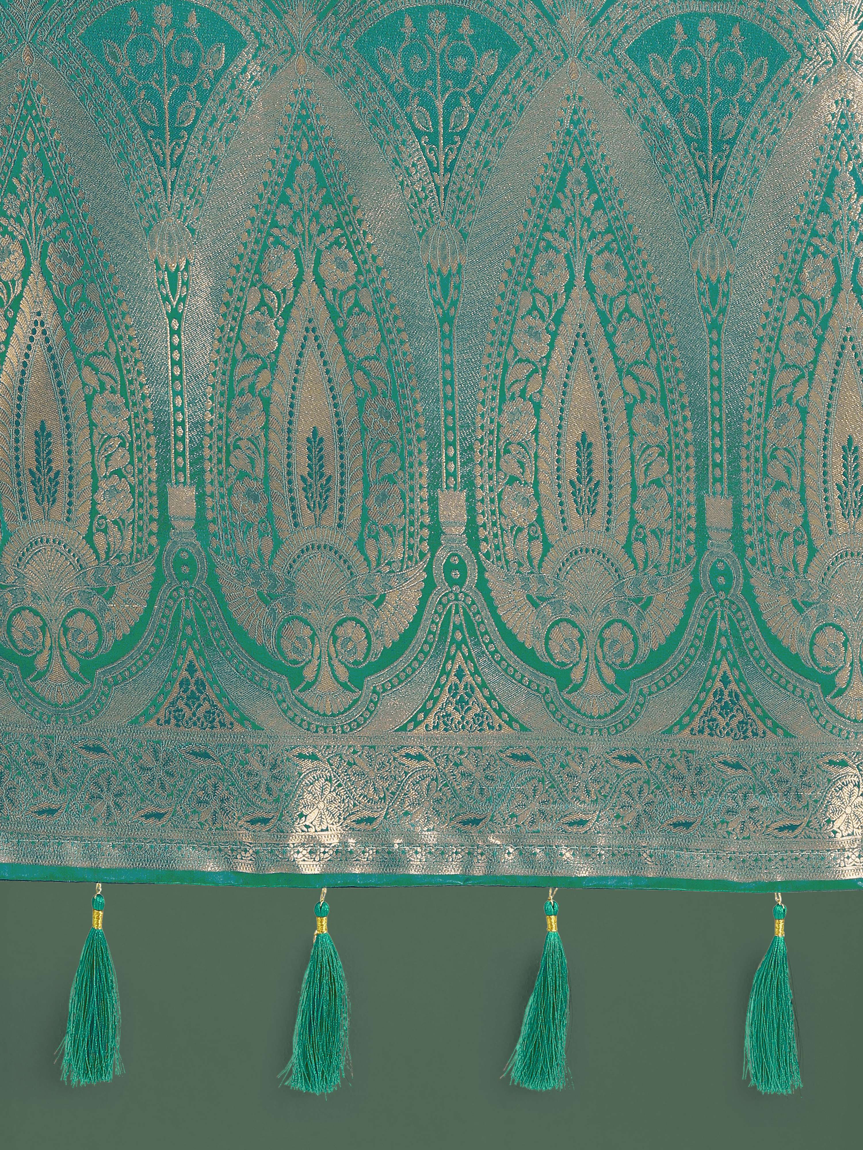 Monjolika Fashion Divine Turquoise Soft Banarasi Satin Silk Saree With Blouse Piece