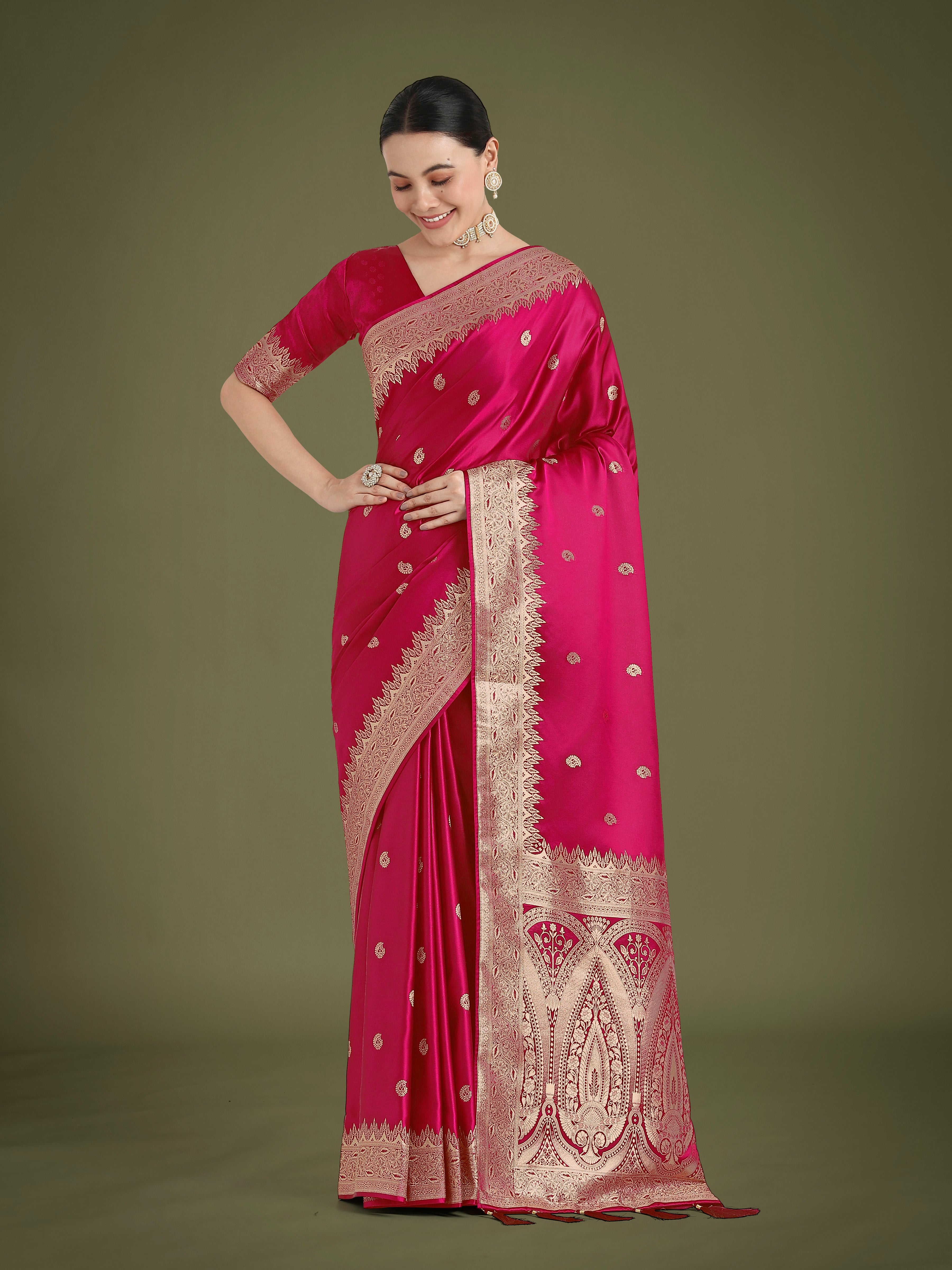 Monjolika Fashion Divine Rani Pink Soft Banarasi Satin Silk Saree With Blouse Piece - Distacart