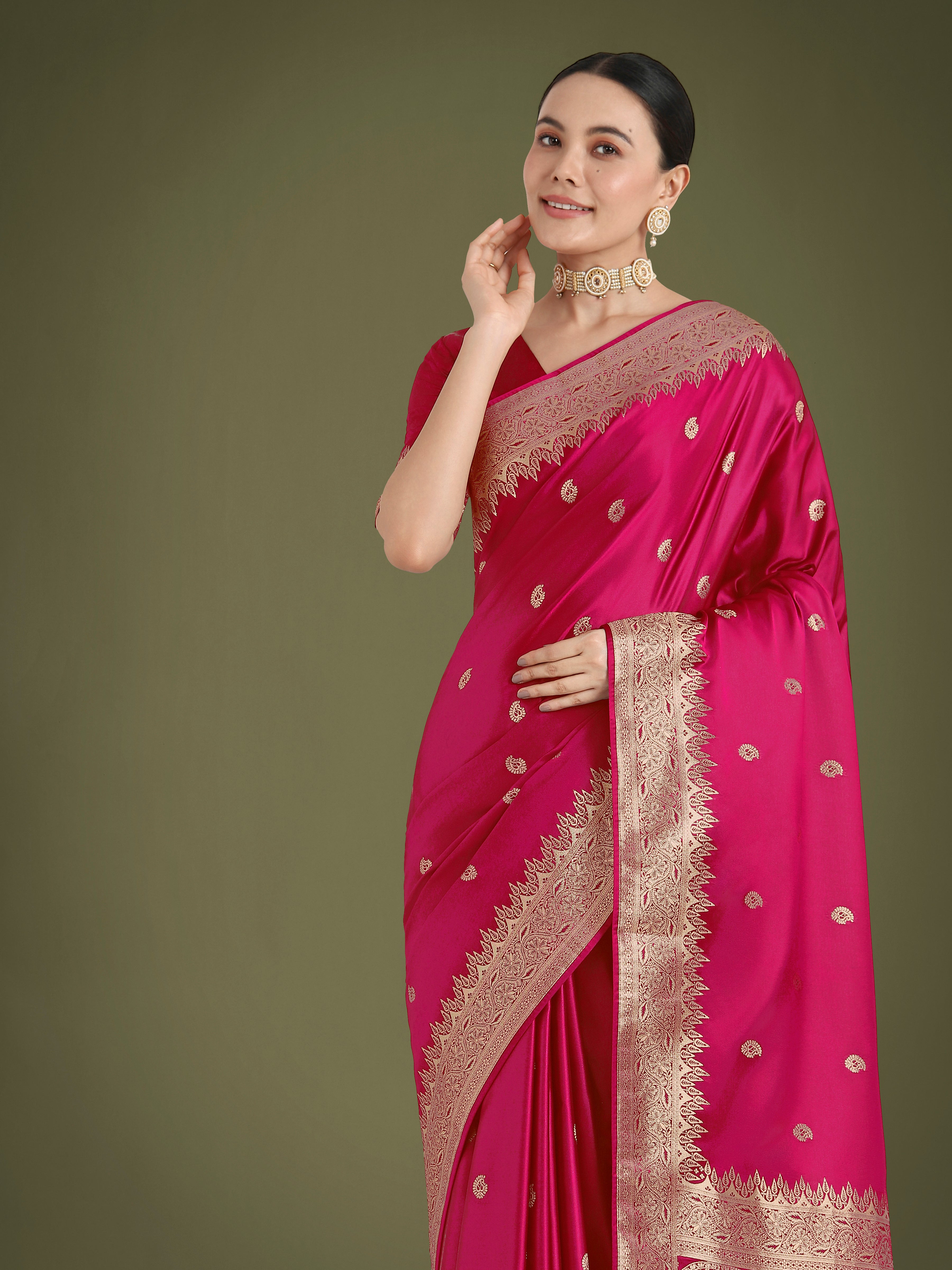 Monjolika Fashion Divine Rani Pink Soft Banarasi Satin Silk Saree With Blouse Piece