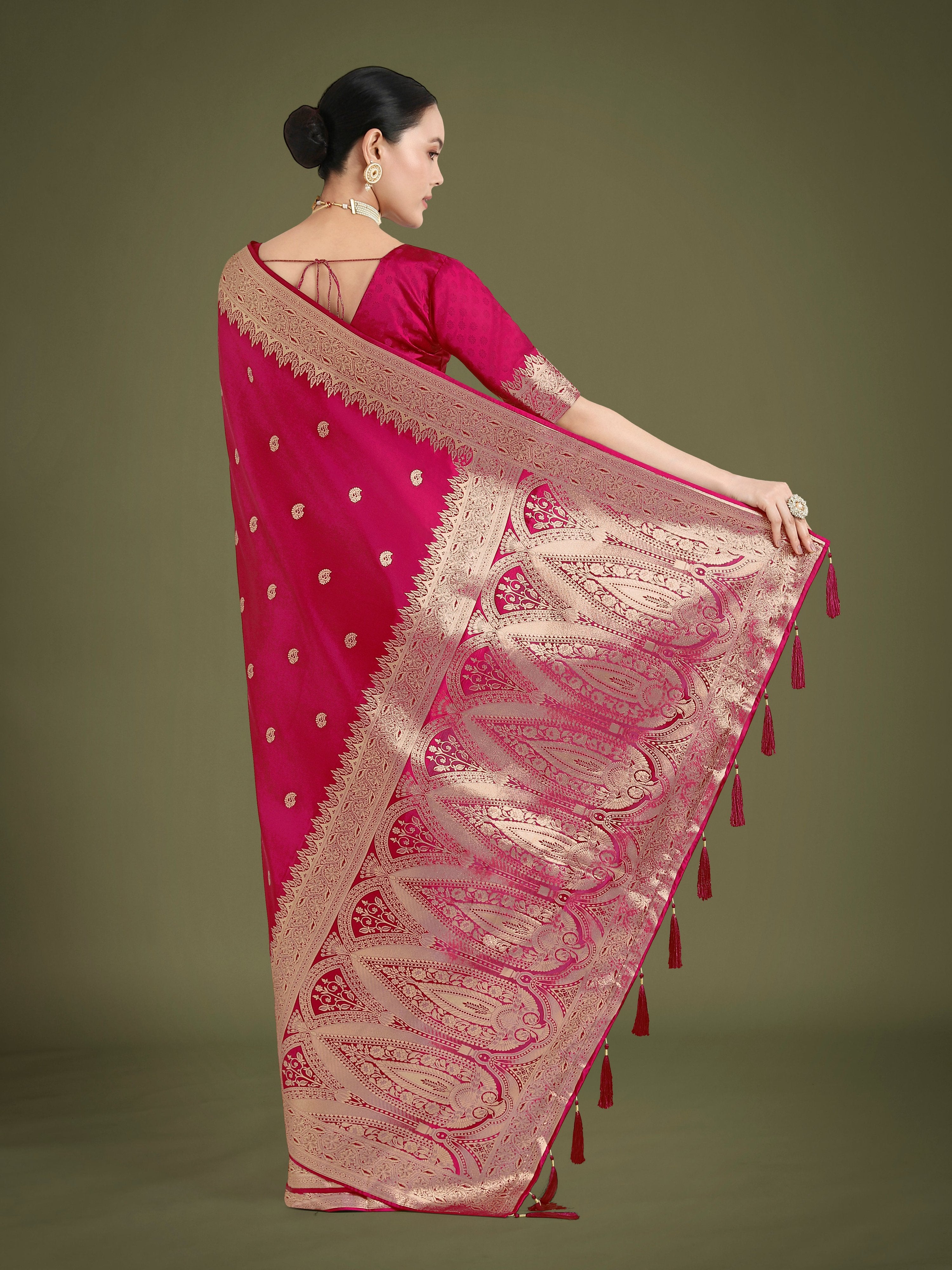 Monjolika Fashion Divine Rani Pink Soft Banarasi Satin Silk Saree With Blouse Piece