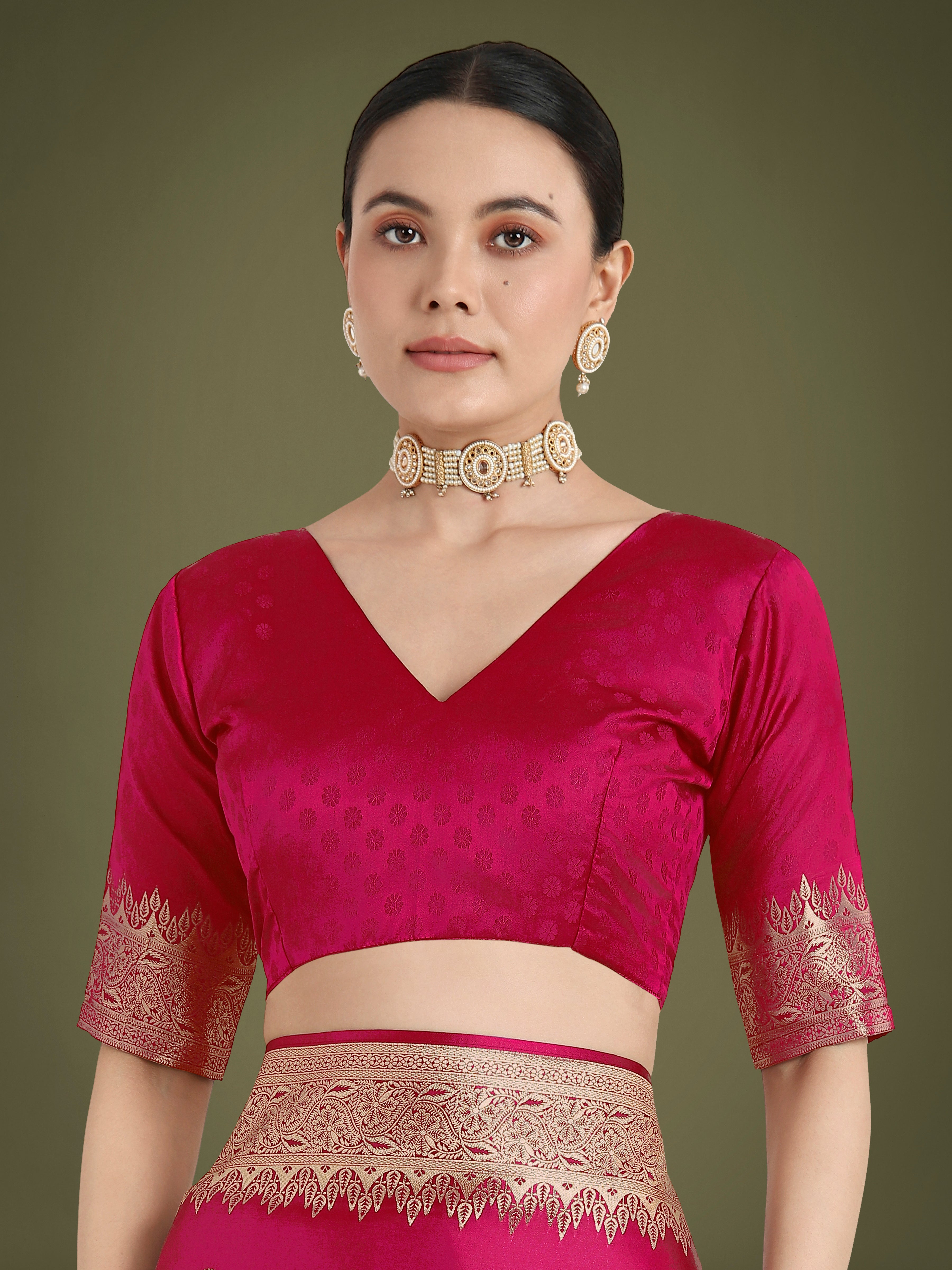Monjolika Fashion Divine Rani Pink Soft Banarasi Satin Silk Saree With Blouse Piece