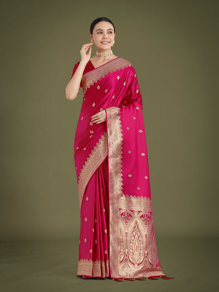 Monjolika Fashion Divine Rani Pink Soft Banarasi Satin Silk Saree With Blouse Piece