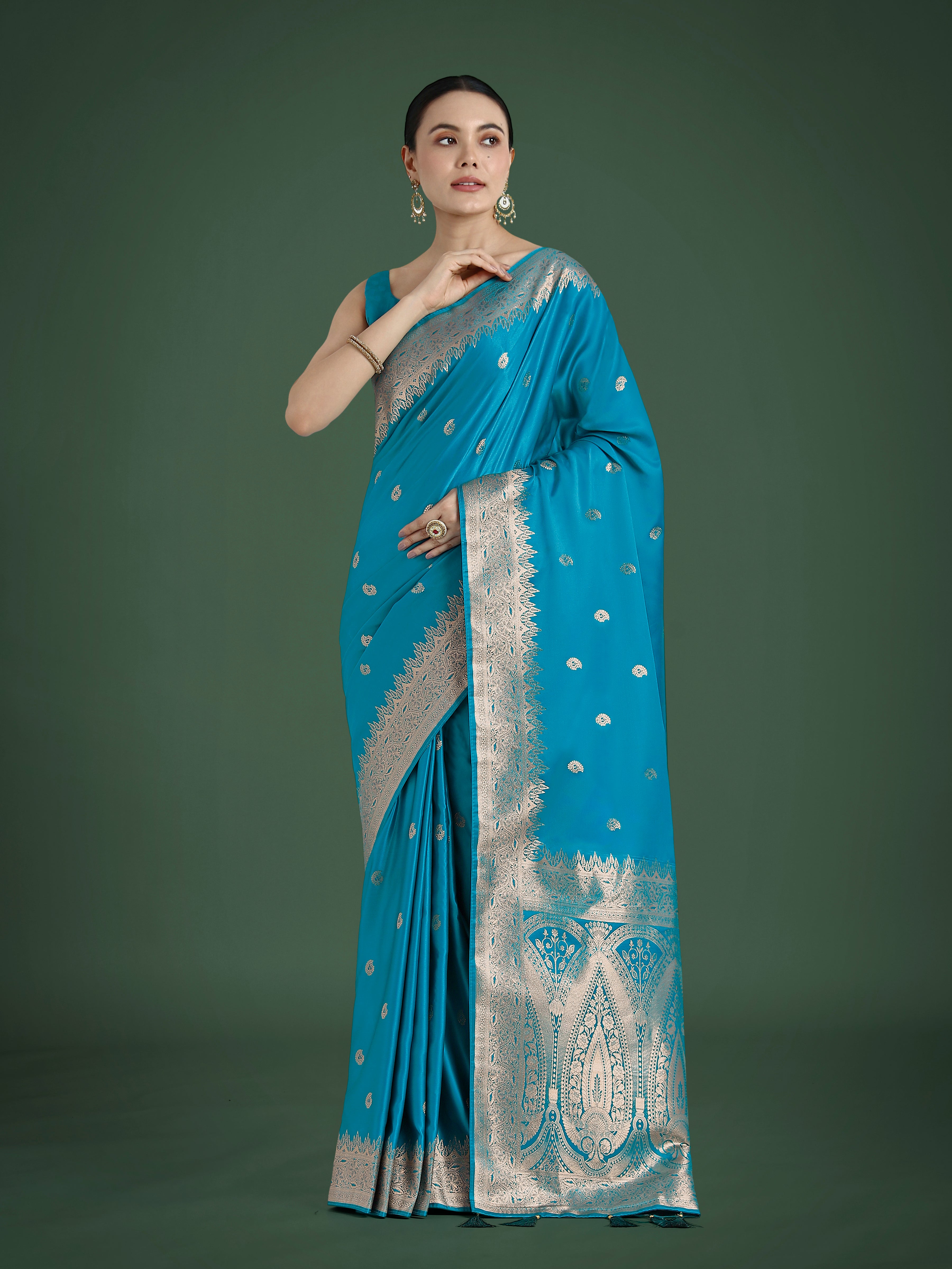 Monjolika Fashion Divine Cyan blue Soft Banarasi Satin Silk Saree With Blouse Piece