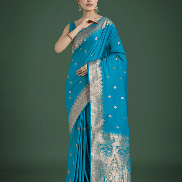 Monjolika Fashion Divine Cyan blue Soft Banarasi Satin Silk Saree With Blouse Piece - Distacart