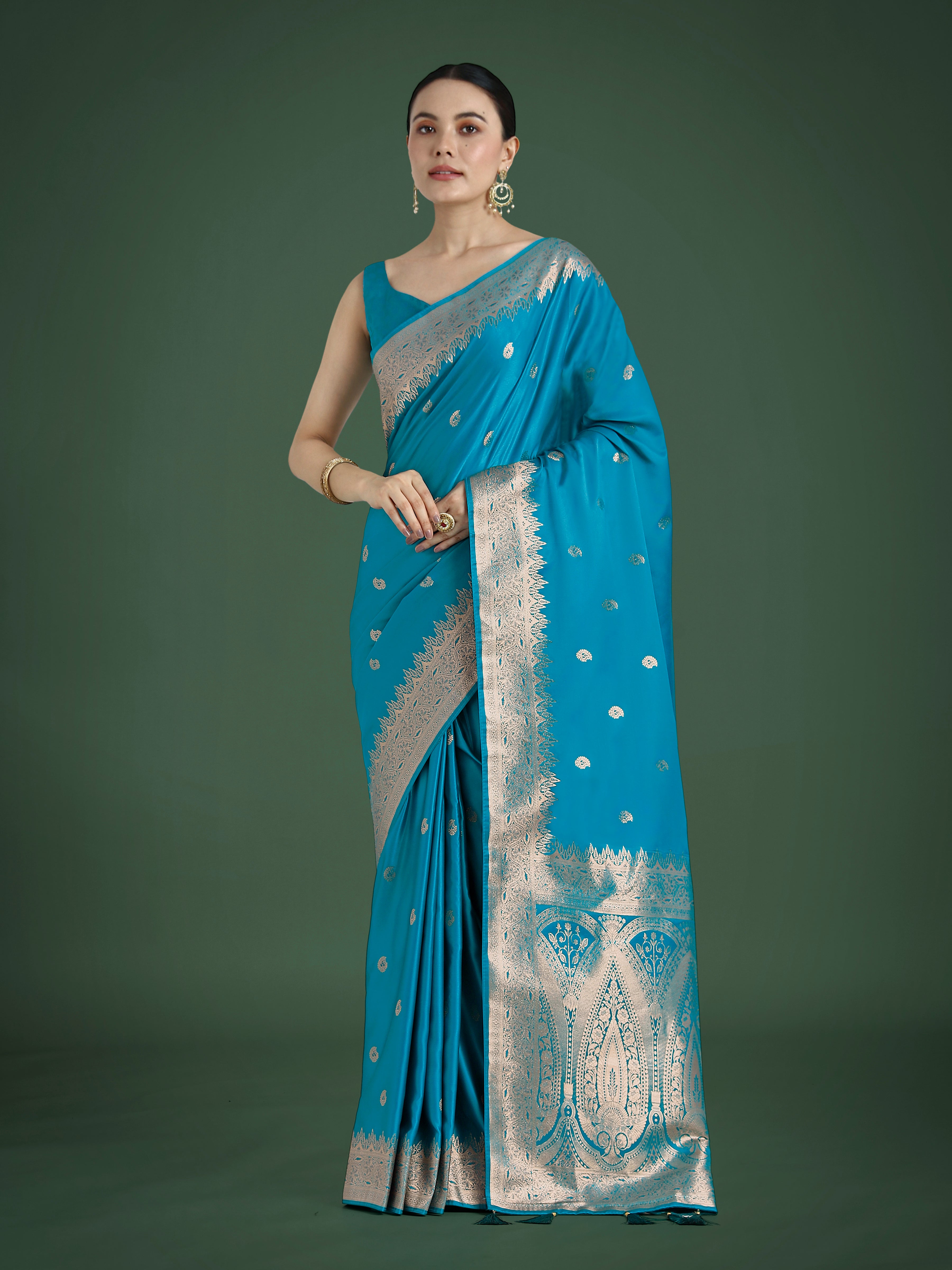 Monjolika Fashion Divine Cyan blue Soft Banarasi Satin Silk Saree With Blouse Piece