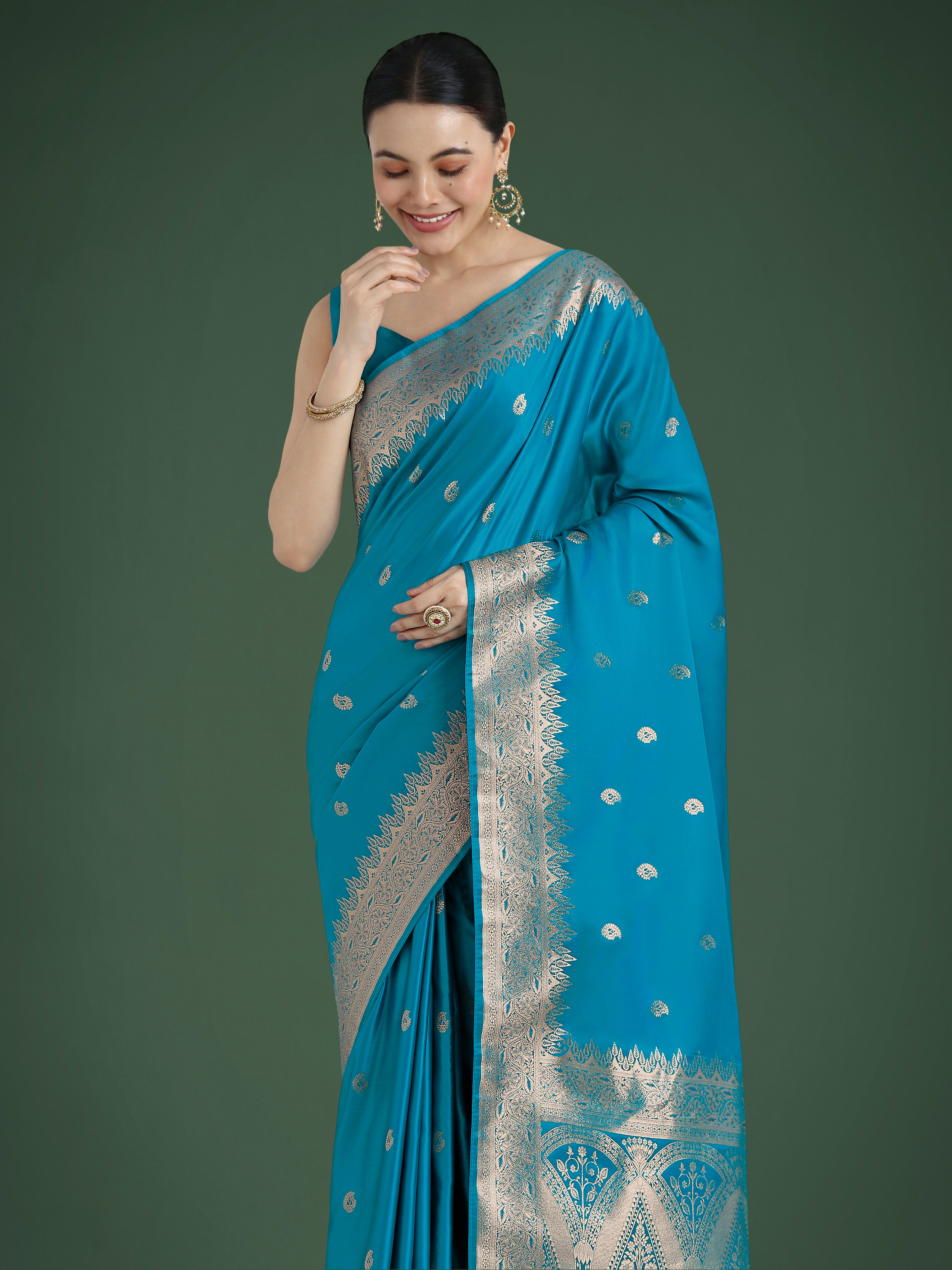 Monjolika Fashion Divine Cyan blue Soft Banarasi Satin Silk Saree With Blouse Piece