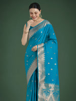 Thumbnail for Monjolika Fashion Divine Cyan blue Soft Banarasi Satin Silk Saree With Blouse Piece