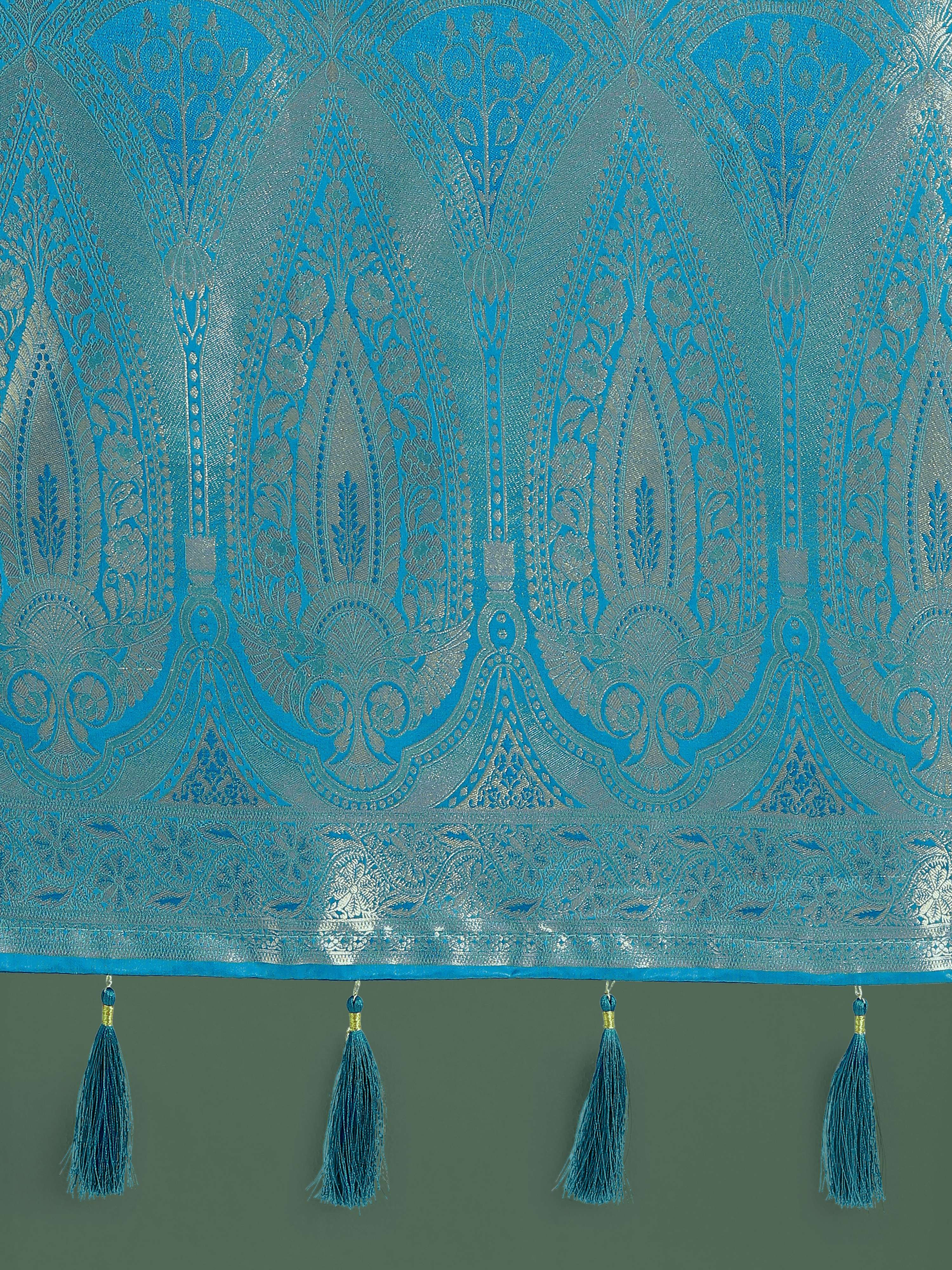 Monjolika Fashion Divine Cyan blue Soft Banarasi Satin Silk Saree With Blouse Piece