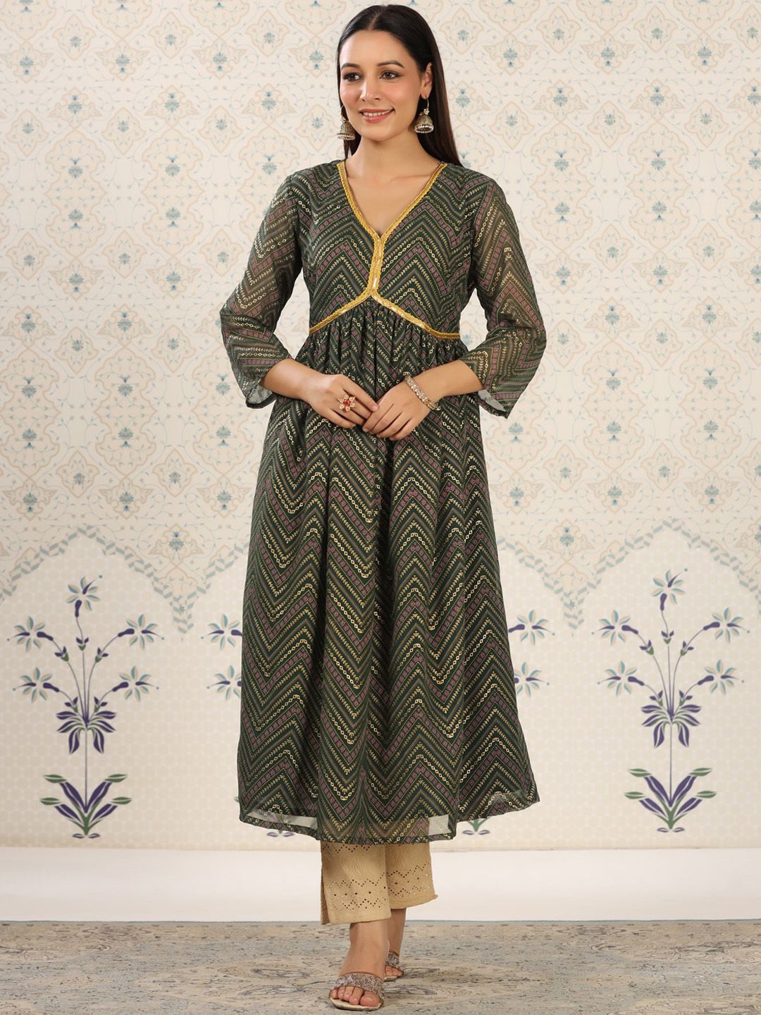 Ode by House of Pataudi Ethnic Motifs Printed V-Neck Thread Work Empire Anarkali Kurta - Distacart