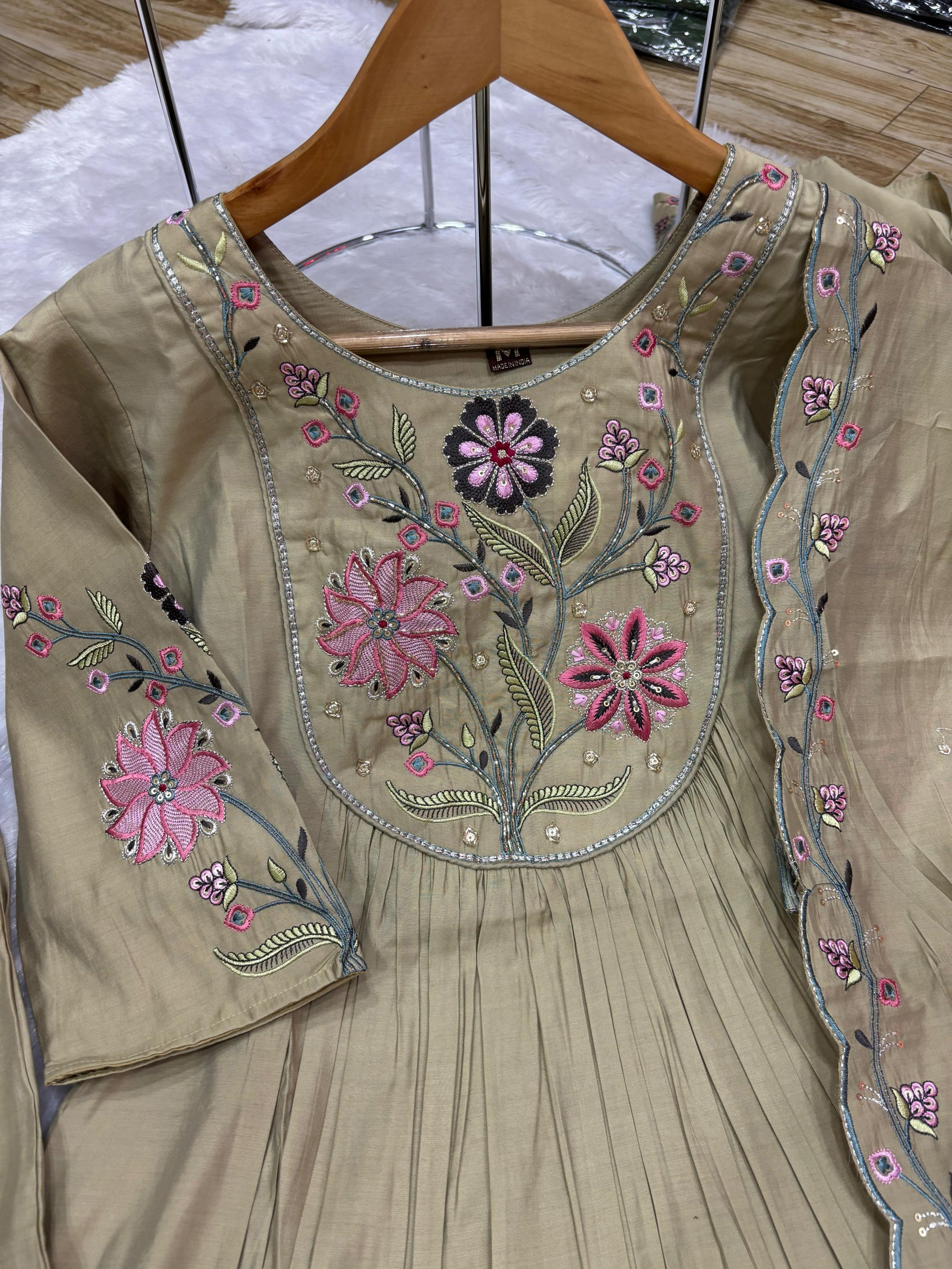 Lorenvalley Fashion Pista Viscose Roman Silk Multi Embroidery Thread With Hand Work Anarkali Kurti Pant Dupatta - Distacart