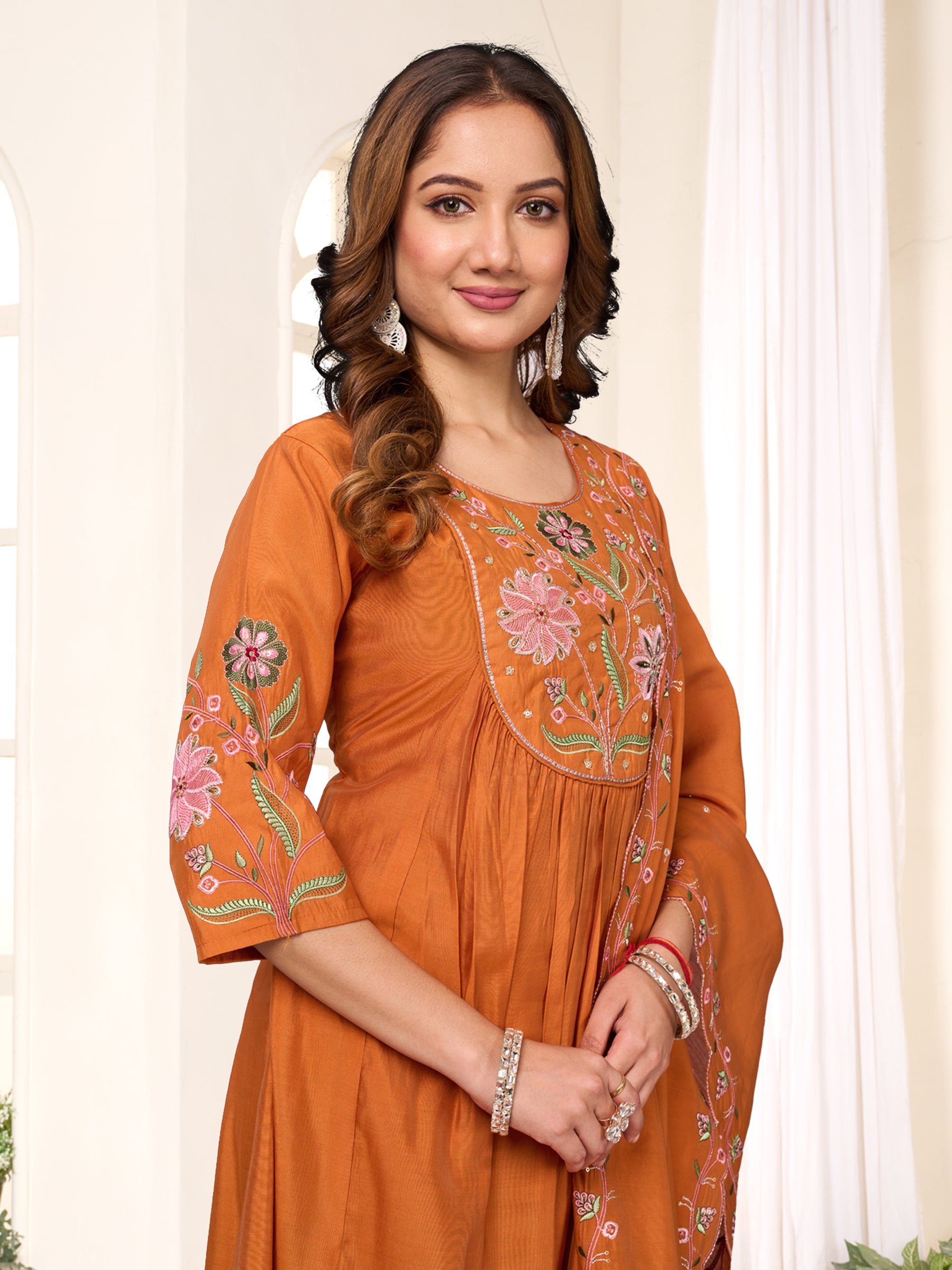 Lorenvalley Fashion Rust Viscose Roman Silk Multi Embroidery Thread With Hand Work Anarkali Kurti Pant Dupatta - Distacart