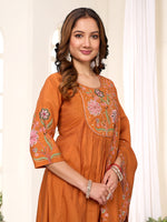 Thumbnail for Lorenvalley Fashion Rust Viscose Roman Silk Multi Embroidery Thread With Hand Work Anarkali Kurti Pant Dupatta - Distacart