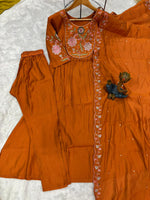 Thumbnail for Lorenvalley Fashion Rust Viscose Roman Silk Multi Embroidery Thread With Hand Work Anarkali Kurti Pant Dupatta - Distacart