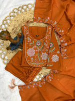 Thumbnail for Lorenvalley Fashion Rust Viscose Roman Silk Multi Embroidery Thread With Hand Work Anarkali Kurti Pant Dupatta - Distacart
