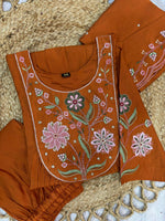 Thumbnail for Lorenvalley Fashion Rust Viscose Roman Silk Multi Embroidery Thread With Hand Work Anarkali Kurti Pant Dupatta - Distacart