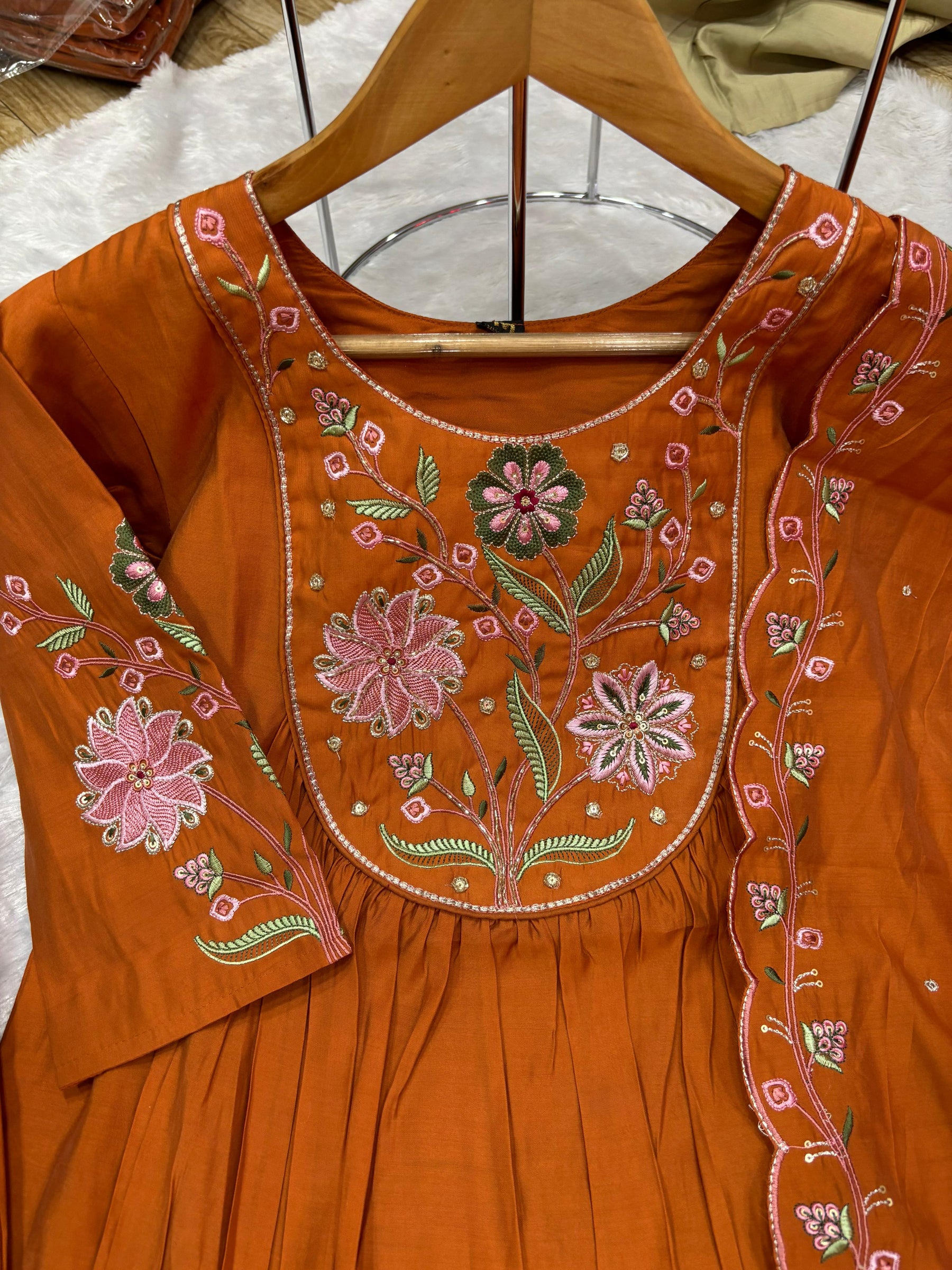Lorenvalley Fashion Rust Viscose Roman Silk Multi Embroidery Thread With Hand Work Anarkali Kurti Pant Dupatta - Distacart